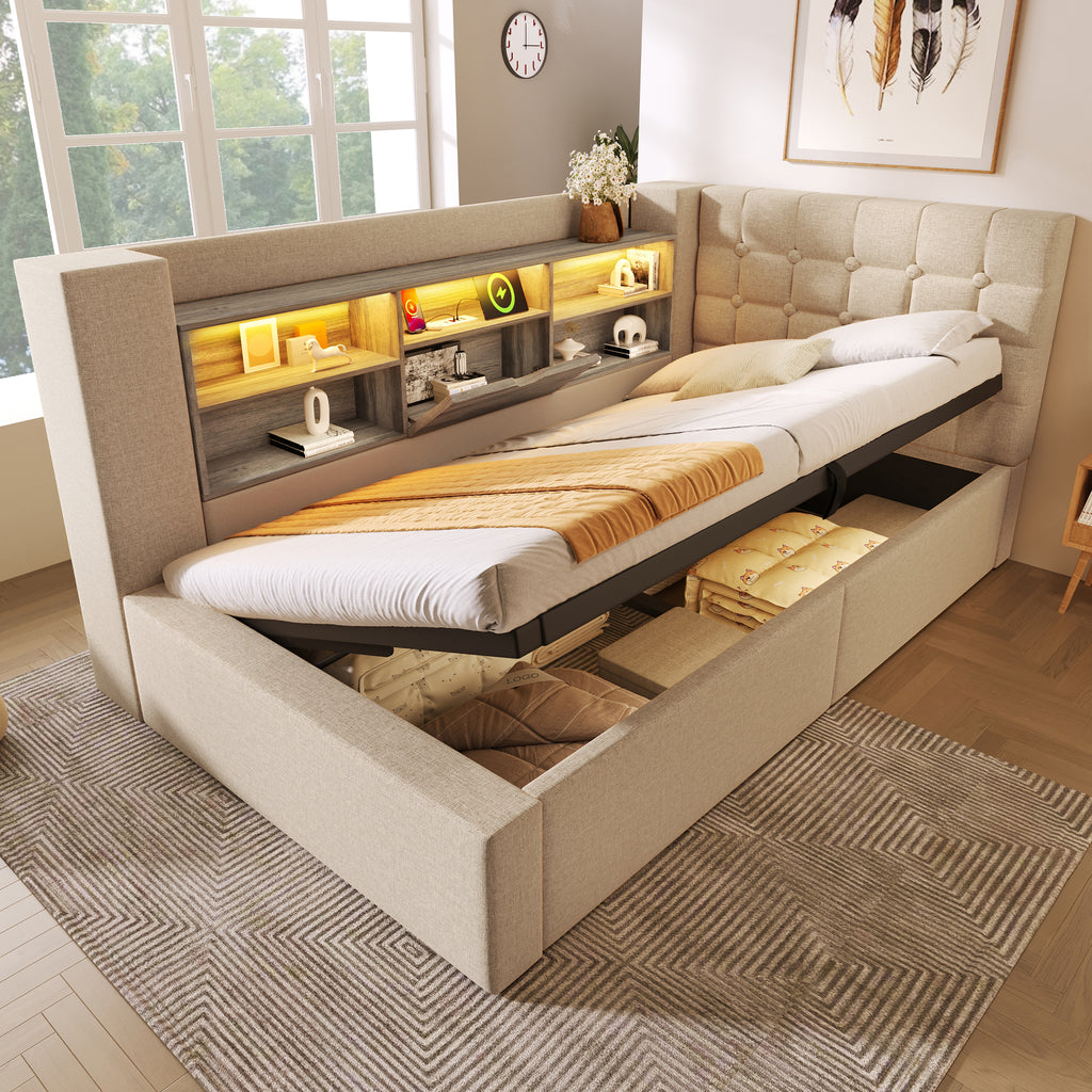 Daybed Upholstered Bed 90 x 190 cm, 3FT Single Sofa Bed with Hydraulic Storage, USB &Type-C Charging Station, Single Bed for Living Room and Bedroom, Linen, Beige (No Mattress)