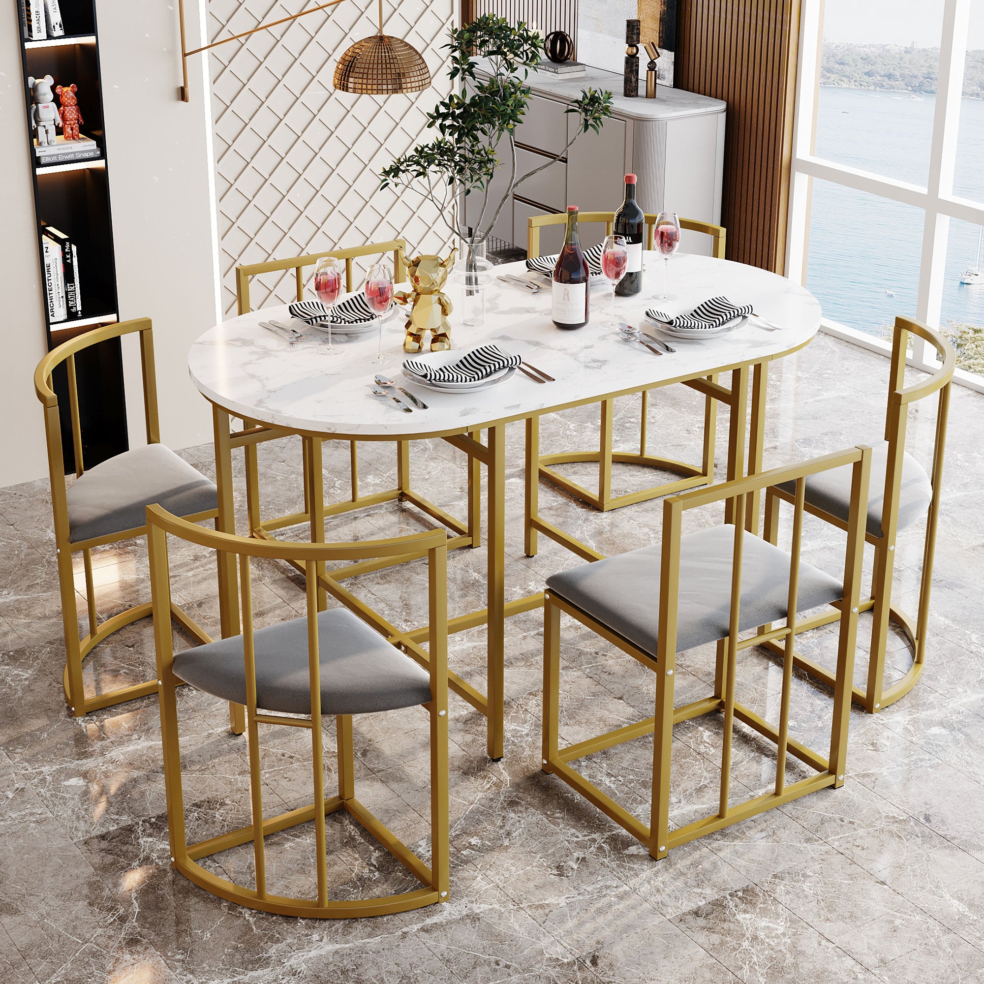 Six-Chair Dining Table Set:(White Table, Chairs with Backrests and Gray Upholstery, Gold Iron Frame),Dining Room Table and Chair Set,Modern Dining Table Combination