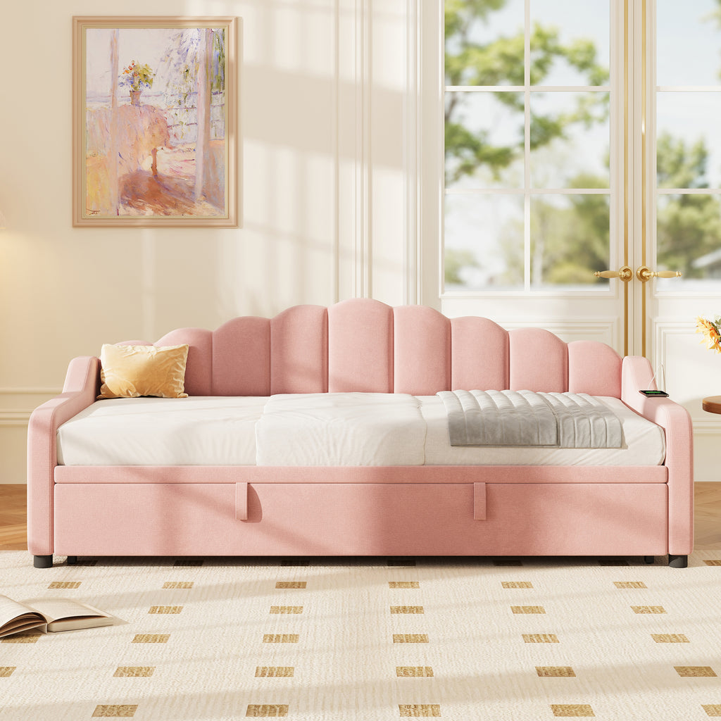 3ft Single Daybed with Pull-out Trundle, Velvet Upholstered Sofa Bed with Side Charging Station & Storage Pockets, Chic Fluted Scalloped Backrest, Pink (No Mattress)