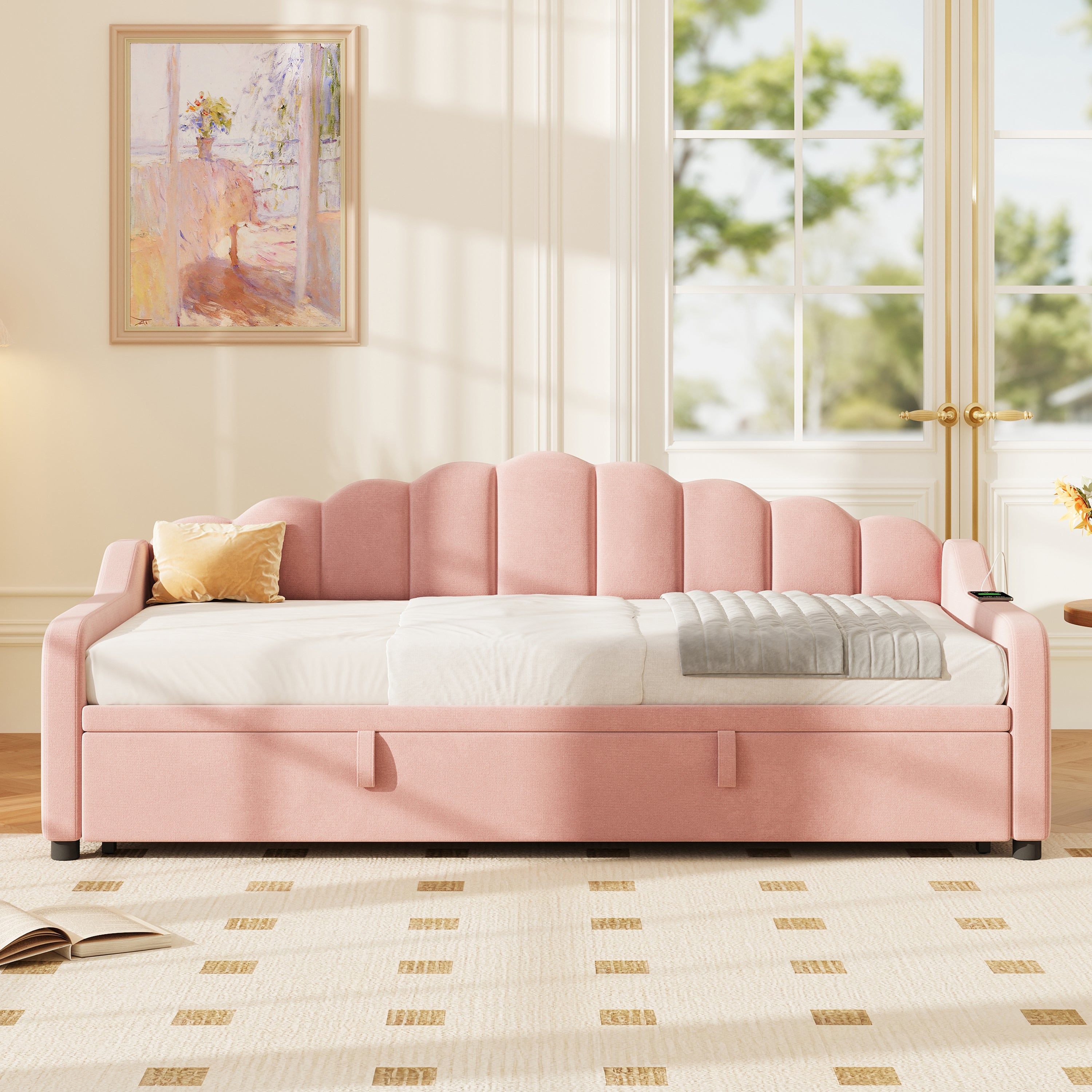 3ft Single Daybed with Pull-out Trundle, Velvet Upholstered Sofa Bed with Side Charging Station & Storage Pockets, Chic Fluted Scalloped Backrest, Pink (No Mattress)