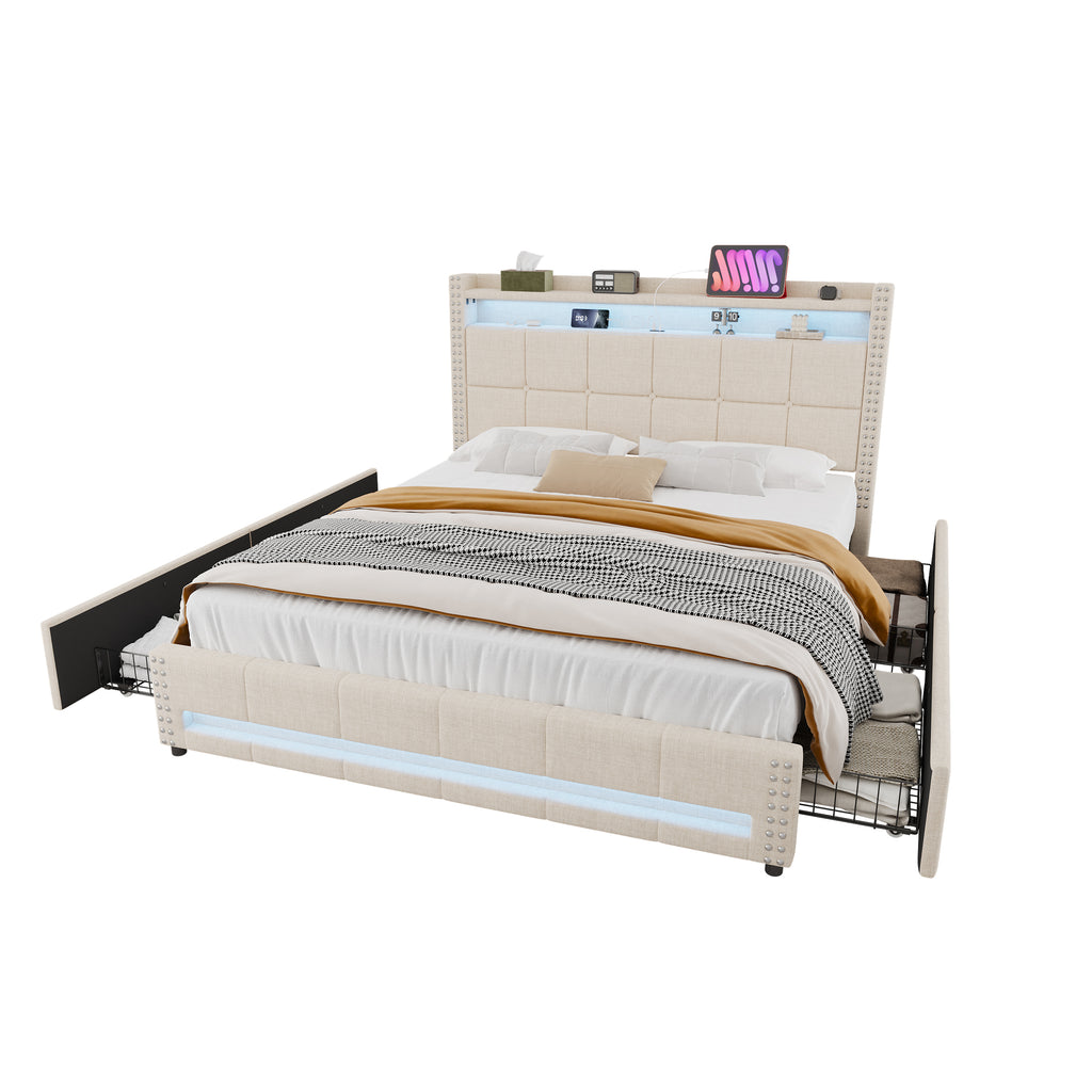 4ft6 Double Upholstered Bed with 4 Storage Drawers, LED Rivet  Storage Bed with Charging Station, Button Tufted Headboard with USB and Type-C Ports, No Box Spring Needed, Linen, Beige (No Mattress)
