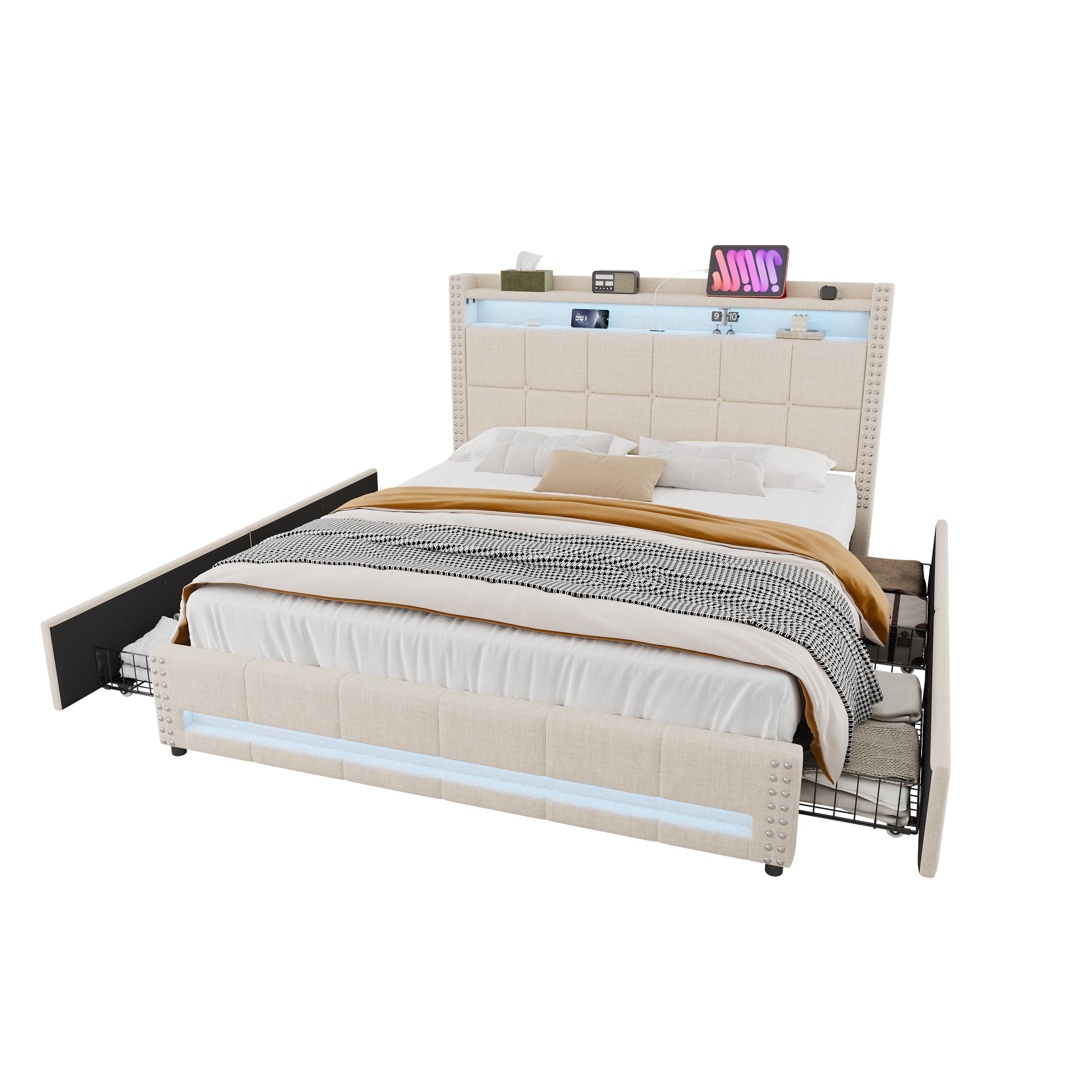 4ft6 Double Upholstered Bed with 4 Storage Drawers, LED Rivet  Storage Bed with Charging Station, Button Tufted Headboard with USB and Type-C Ports, No Box Spring Needed, Linen, Beige (No Mattress)
