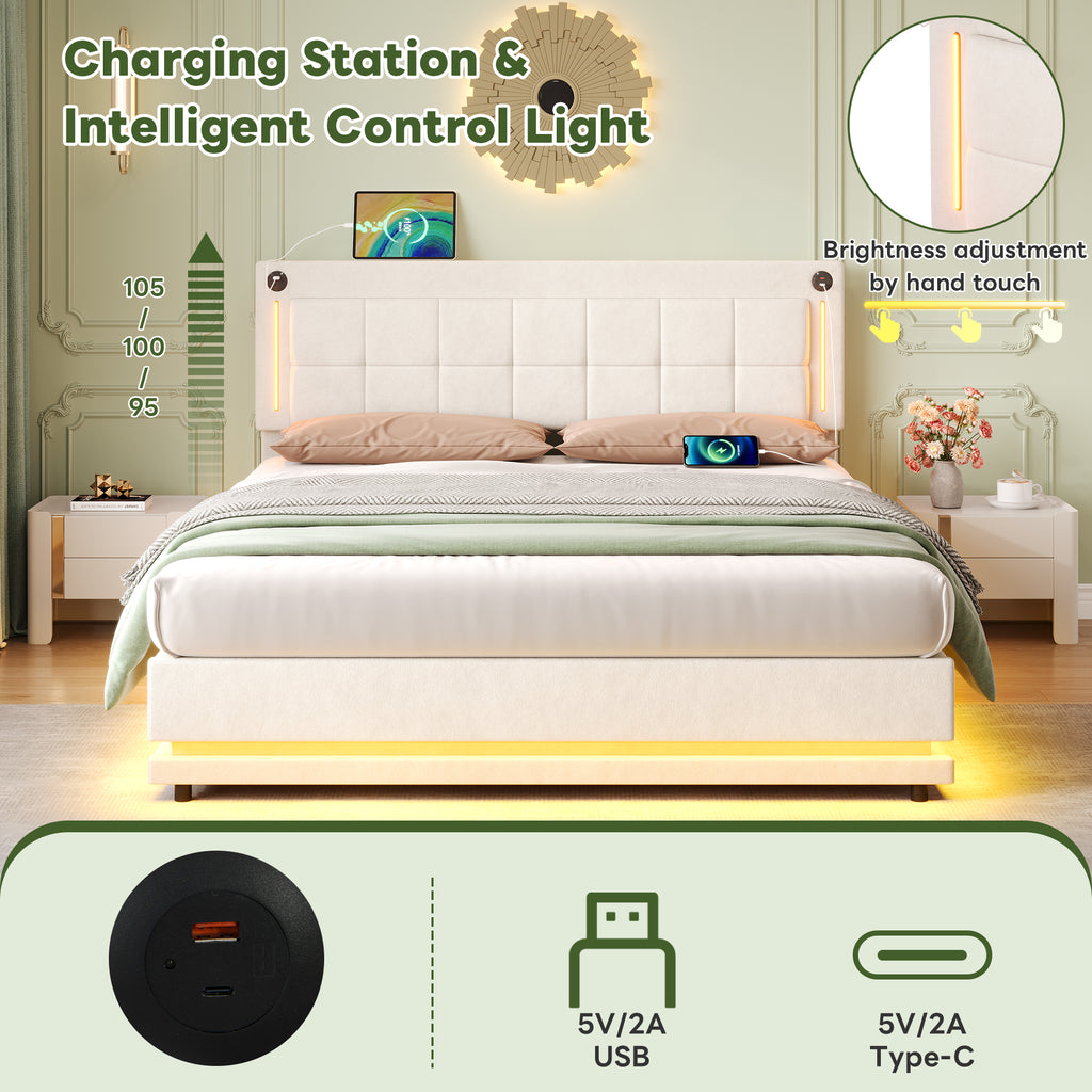 5ft King LED Hydraulic Bed with Charging Station, Adjustable Square Tufted Headboard with Intelligent Control Light, Soft Velvet Bed Frame with USB and Type - C Ports, Beige (No Mattress)