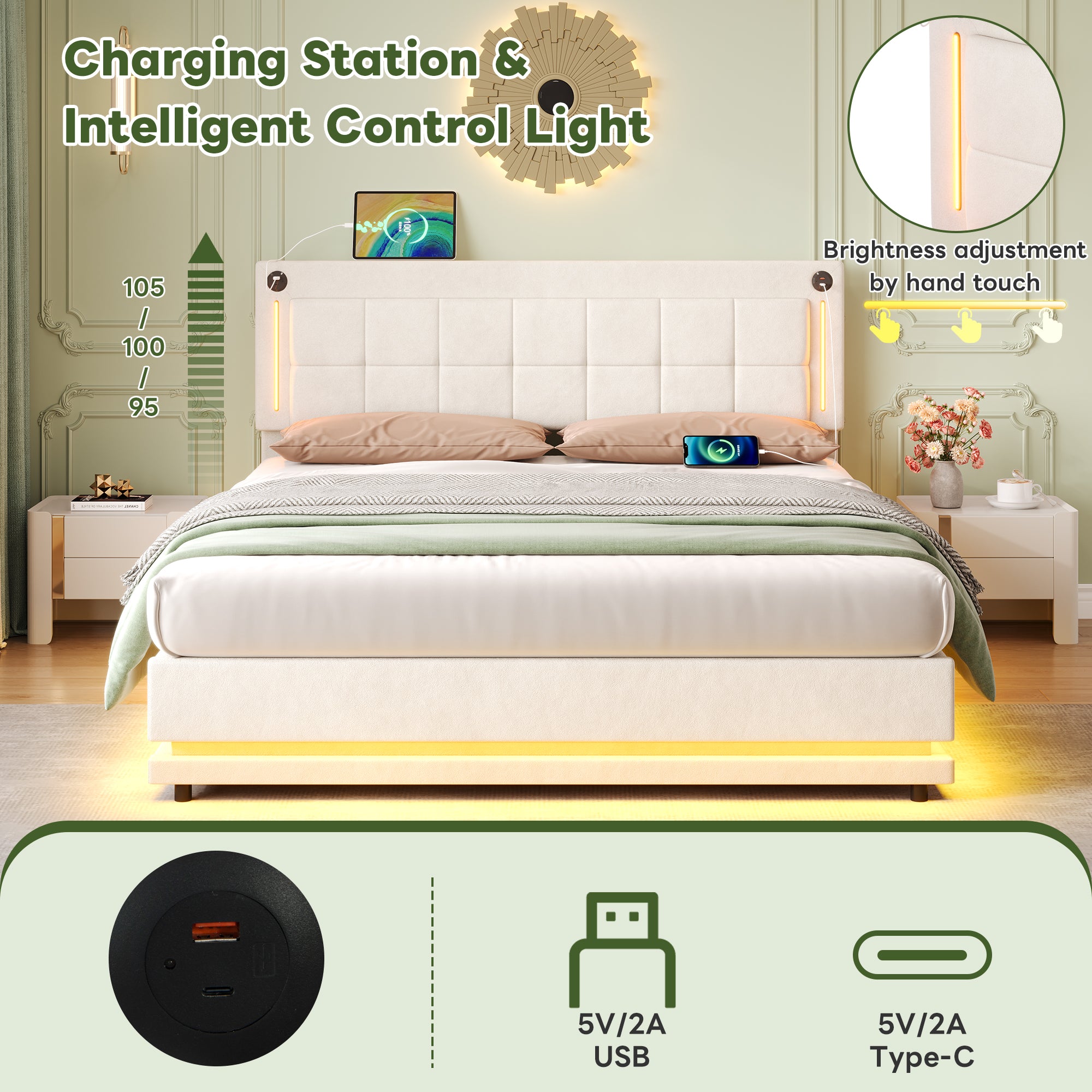 5ft King LED Hydraulic Bed with Charging Station, Adjustable Square Tufted Headboard with Intelligent Control Light, Soft Velvet Bed Frame with USB and Type - C Ports, Beige (No Mattress)