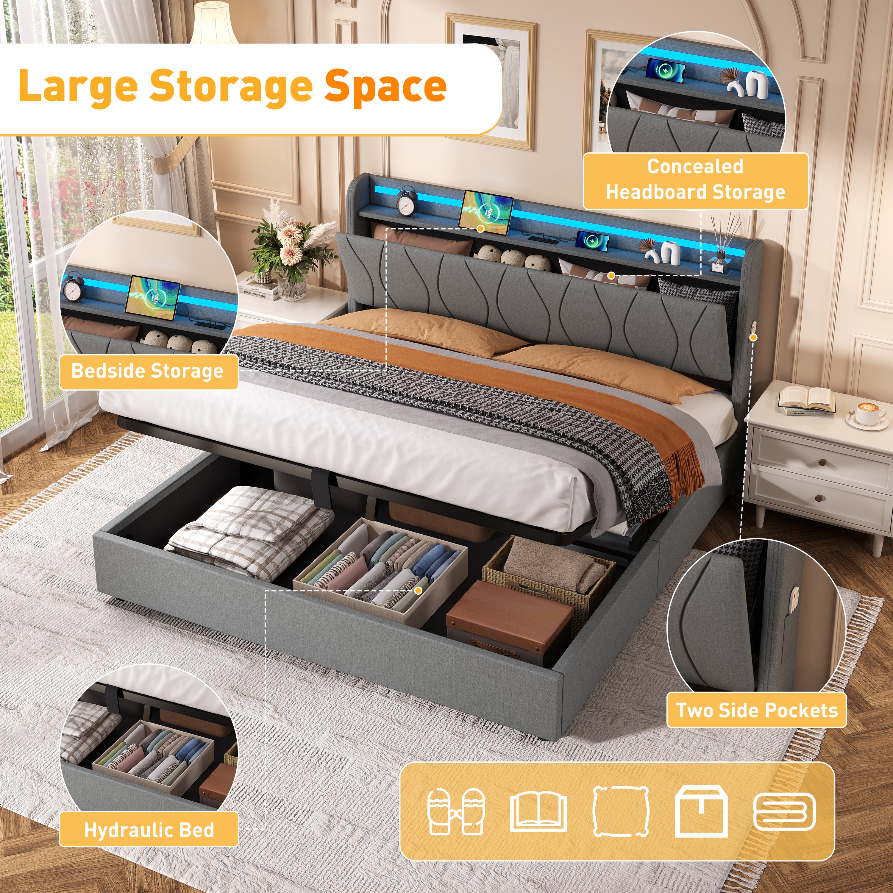 5ft King Upholstered Bed Frame with Hydraulic Storage, LED Headboard with Charging Station and Concealed Headboard Storage, USB and Type - C Ports, Linen, No Box Spring Needed, Grey (No Mattress)
