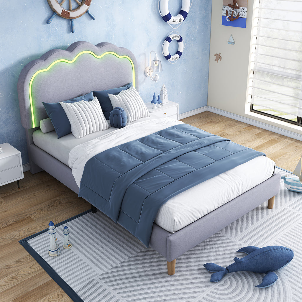 Upholstered Bed, 3ft 90x190cm Single Bed with LED, Bed Frame with Wooden Slats and Adjustable Height Headboard, Teen Bed for Bedroom and Guest Room, Grey, Linen Material, Without Mattress.