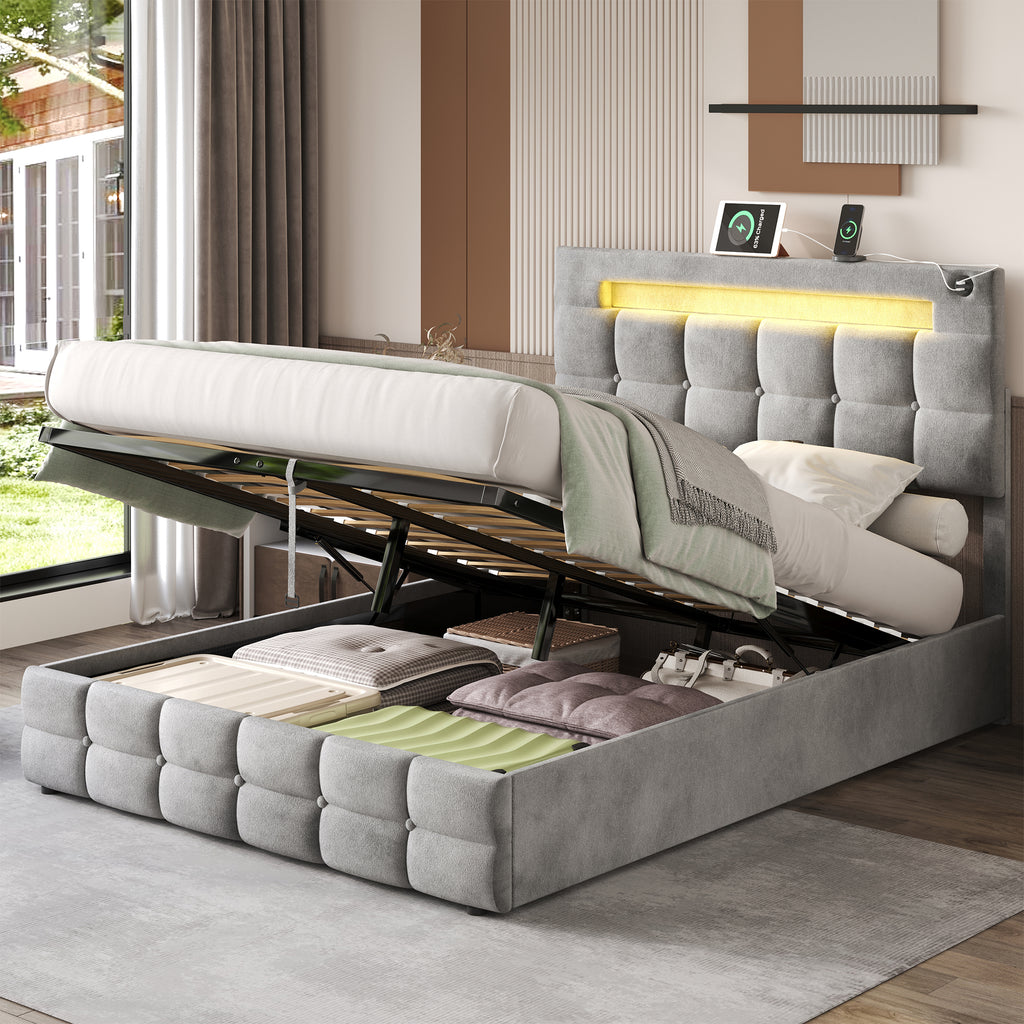 4ft6 Double Upholstered Bed Frame with Hydraulic Storage, Velvet Ottoman Bed with LED Lighting and Charging Station,  Double Bed with Adjustable Button Tufted Headboard, Grey (No Mattress)