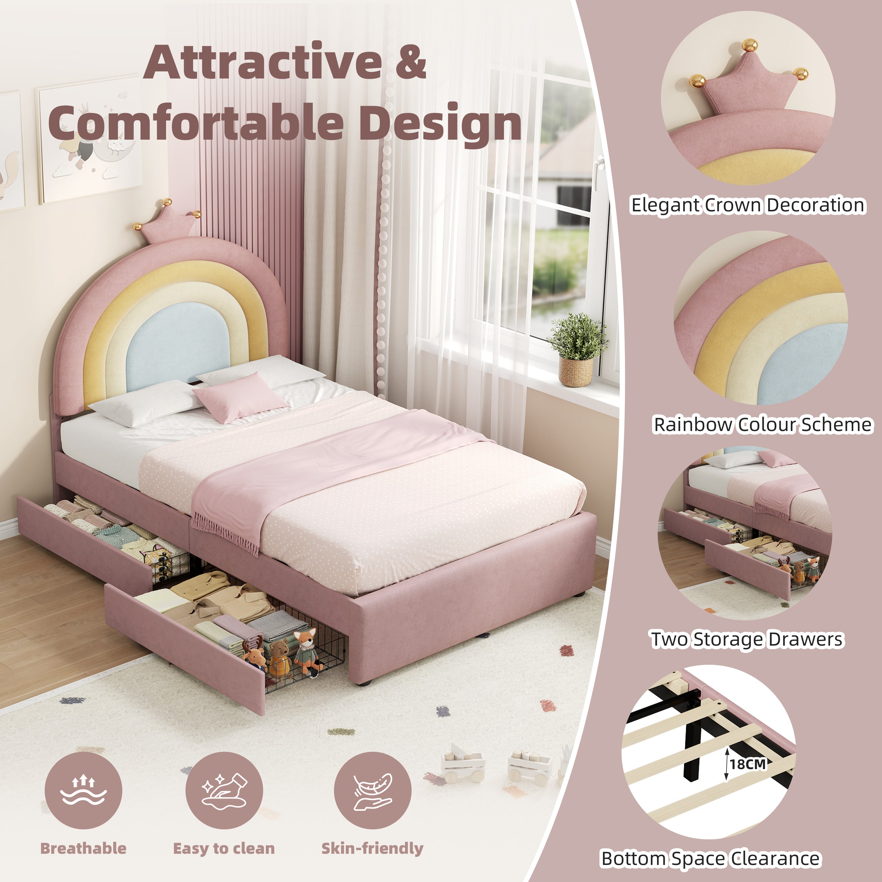 3ft Single Upholstered Bed with Adjustable Rainbow Crown Headboard, Soft Velvet Bed Frame with Flexible Storage Drawers, No Box Spring Needed, Pink (No Mattress)