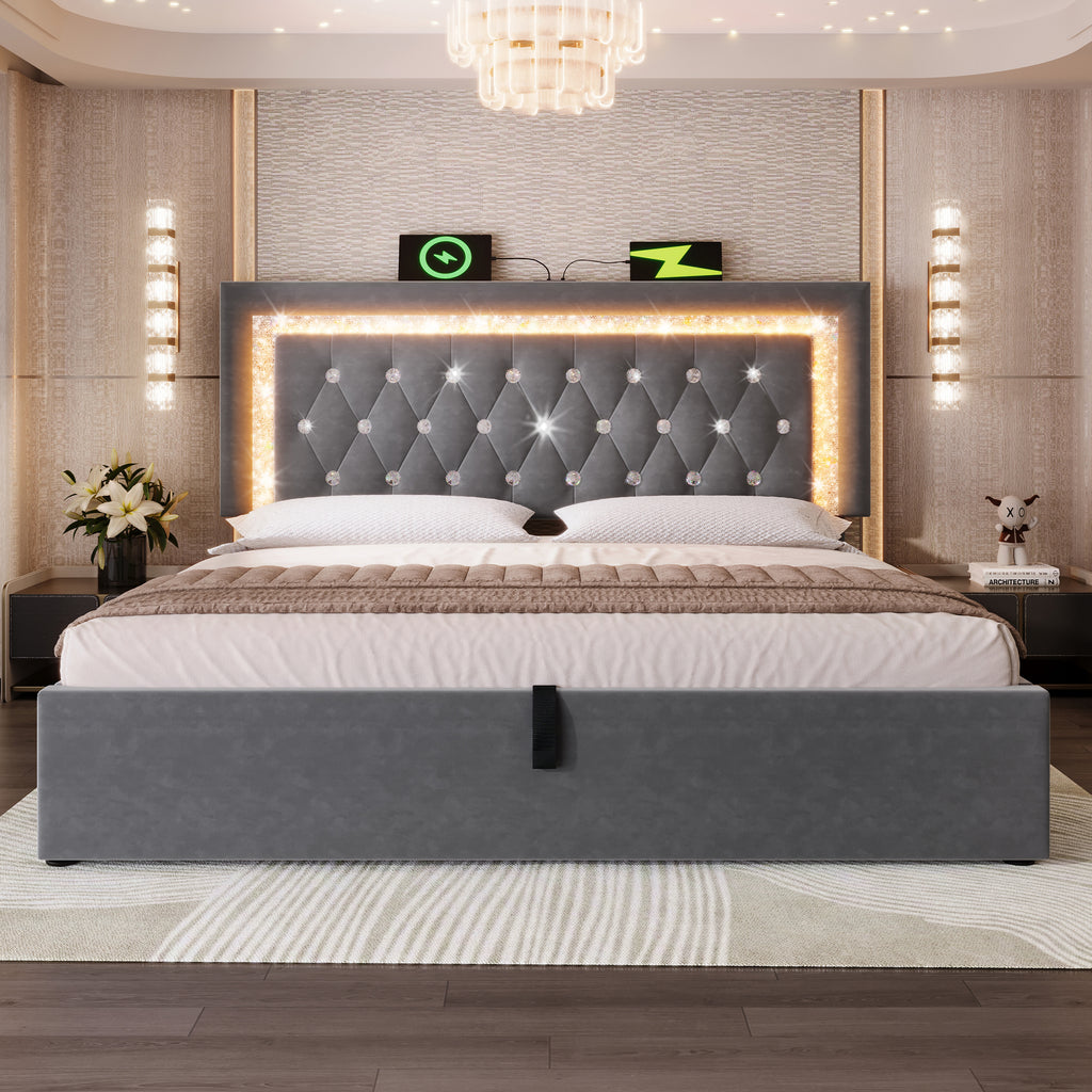 Upholstered Double Bed 135 x 190 cm with LED Lighting, USB Type-C Charging, 4ft6 Hydraulic Storage Bed with Adjustable Diamond Tufted Headboard, Velvet, Grey (No Mattress)