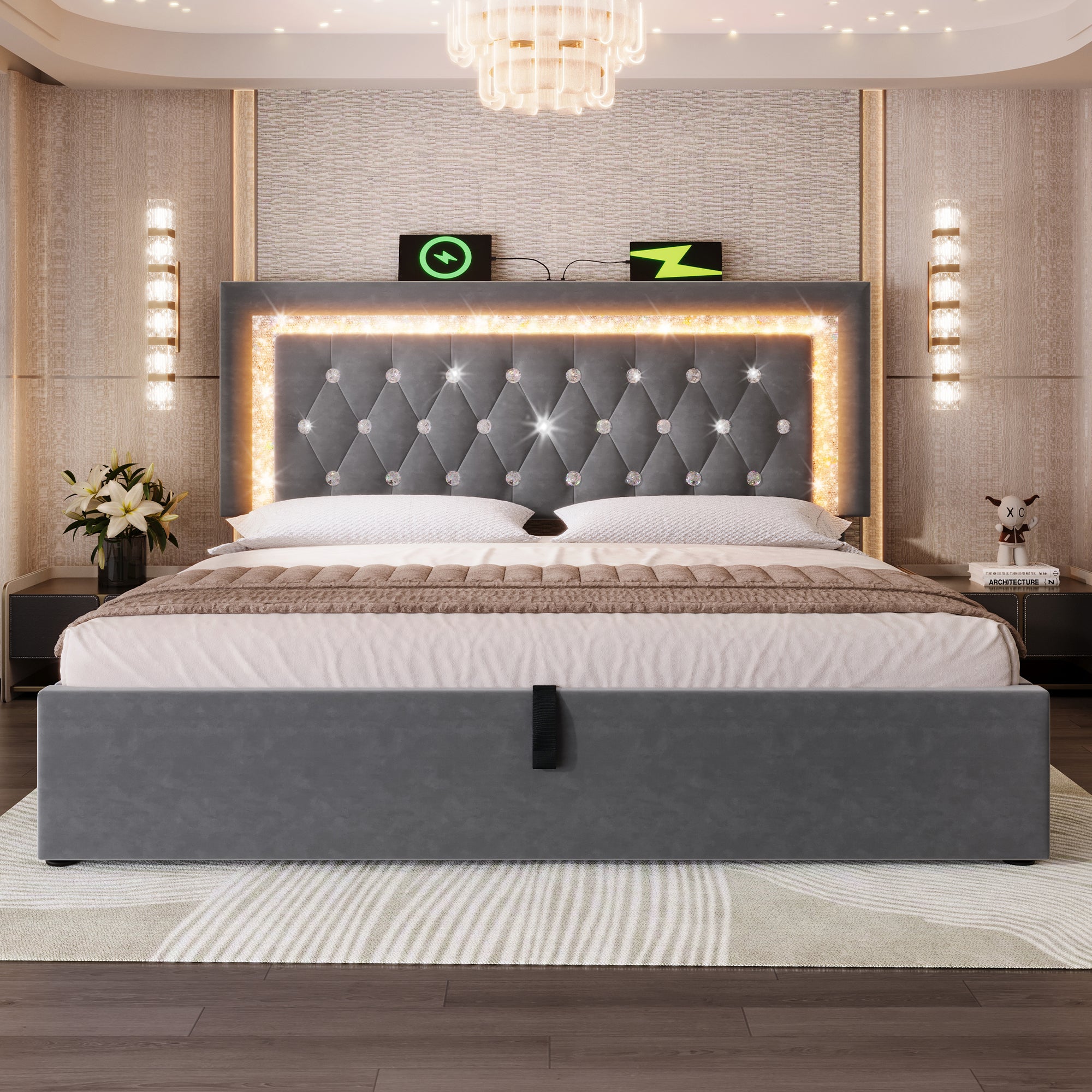 Upholstered Double Bed 135 x 190 cm with LED Lighting, USB Type-C Charging, 4ft6 Hydraulic Storage Bed with Adjustable Diamond Tufted Headboard, Velvet, Grey (No Mattress)