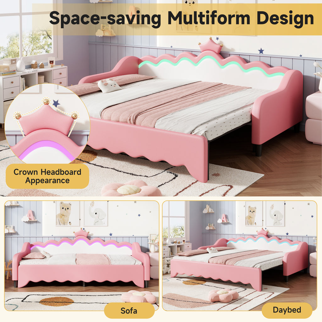 3ft Single Daybed with LED Crown Shape Headboard, PU Leather Sofa Bed Frame with Solid Wood Slat, Pull out Trundle Bed for Living Room/ Bedroom/ Study Room, Cream White + Pink (No Mattress)