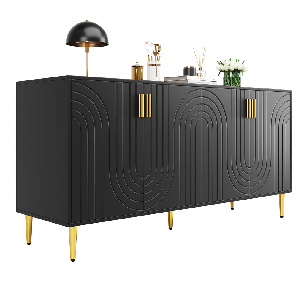 Black sideboard (152 x 40 x 75 cm) with unique wave design and golden handles and feet, creating an elegant dining area