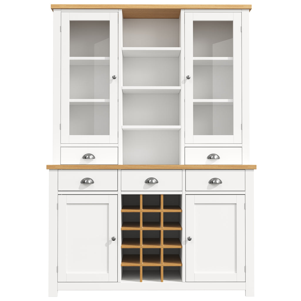Kitchen Pantry Cabinet with Wine Rack, 185cm Tall Storage Cabinet with Glass Doors, 5 Drawers & Adjustable Shelves, White