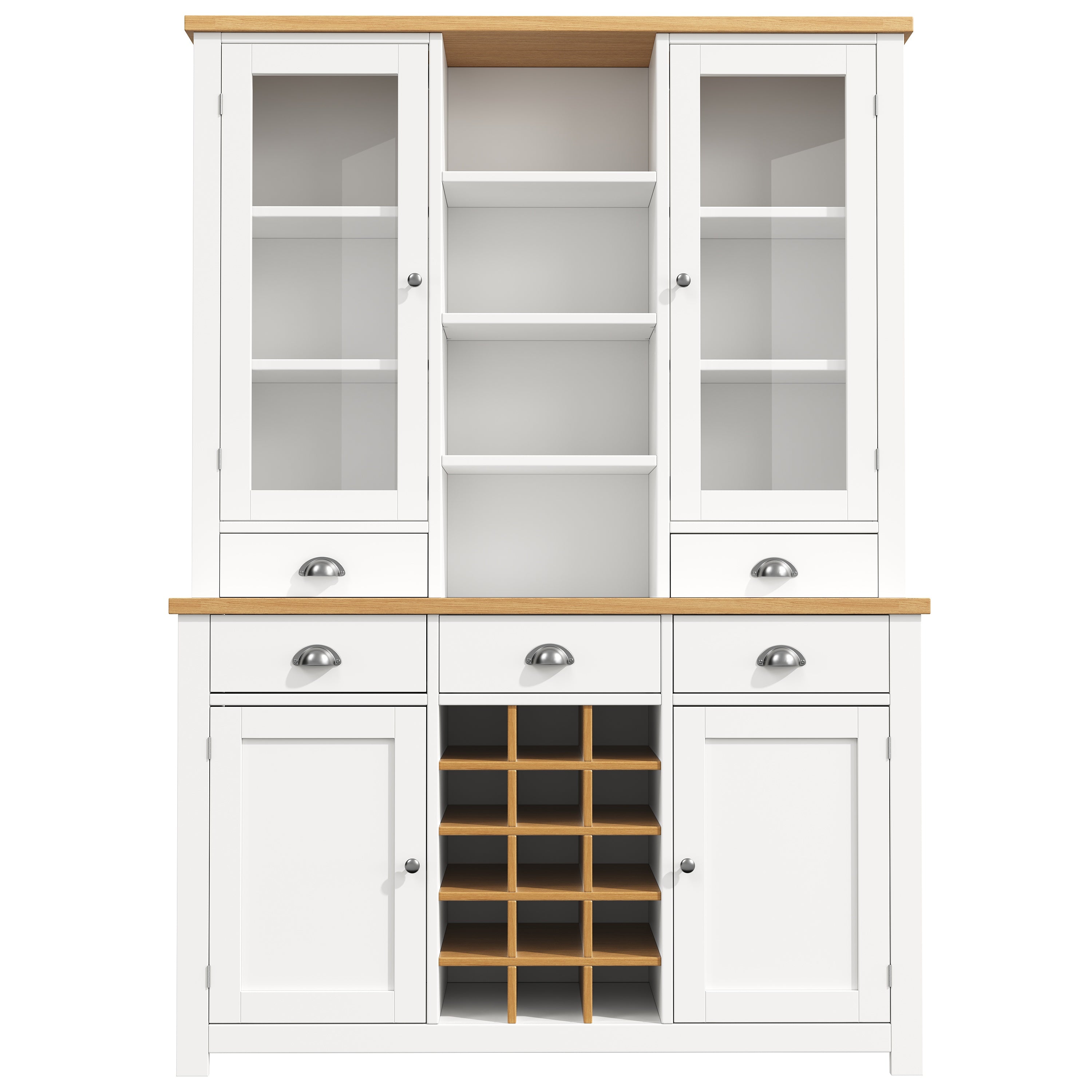 Kitchen Pantry Cabinet with Wine Rack, 185cm Tall Storage Cabinet with Glass Doors, 5 Drawers & Adjustable Shelves, White