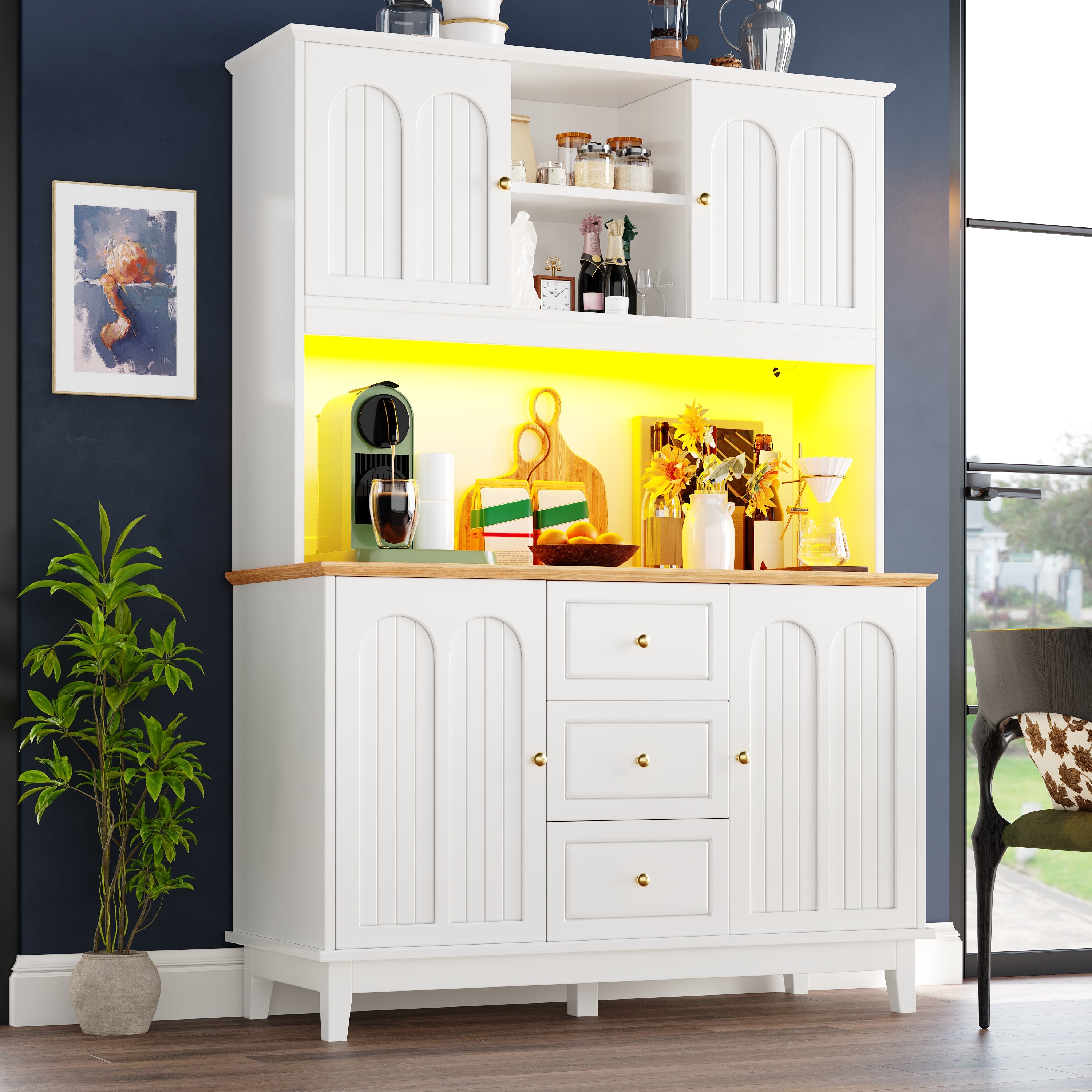 Pantry Cabinet with App Controlled LED Lights, 180cm Tall Kitchen Buffet Sideboard with 3 Drawers & Adjustable Shelves, Freestanding Storage Hutch for Dining Room & Kitchen