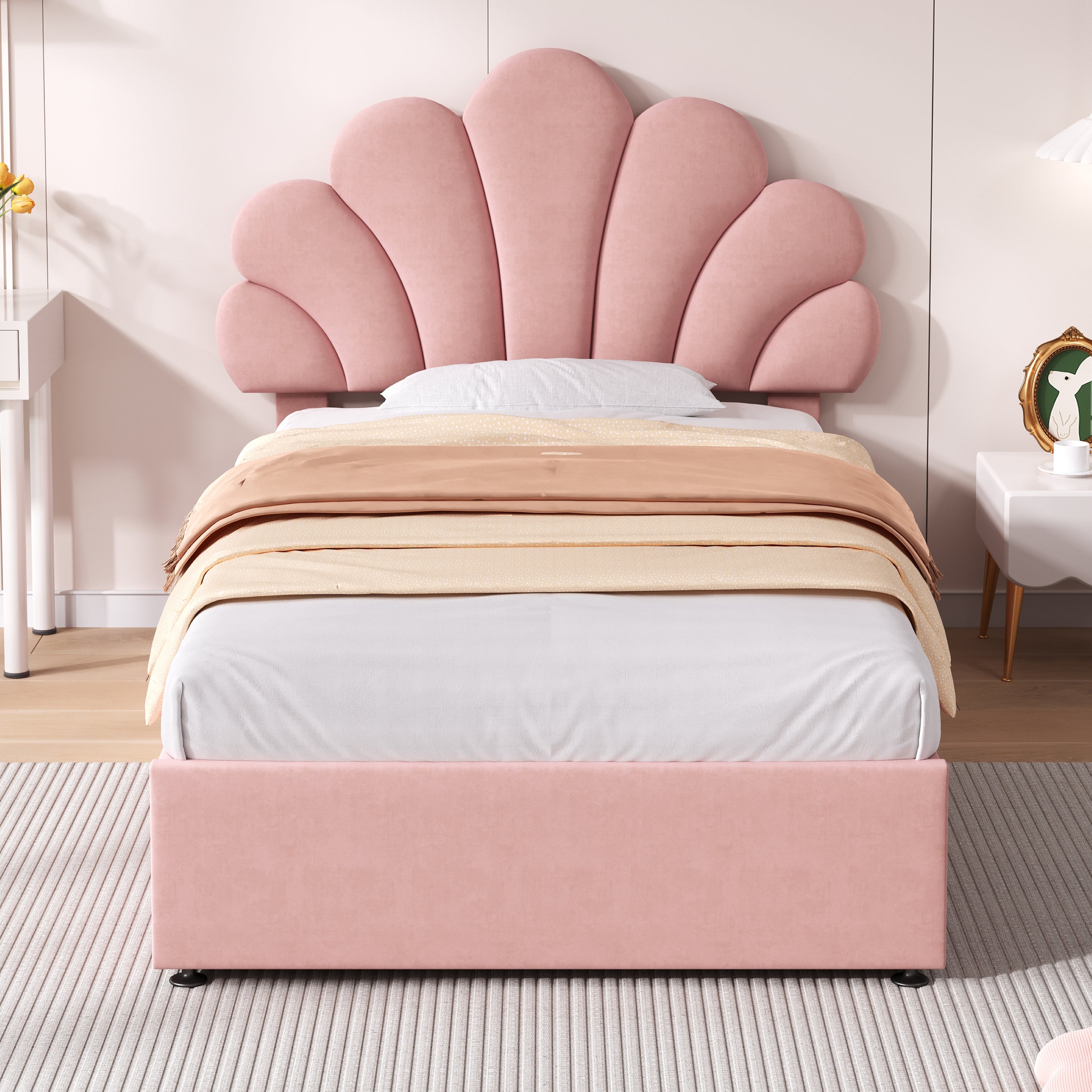 3ft Single Upholstered Hydraulic Bed with Adjustable Chic Petal Headboard, Soft Velvet Bed Frame with Hydraulic Storage, Petal Bed with Solid Wood Slat, No Box Spring Needed, Pink (No Mattress)