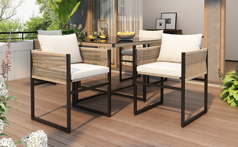 Garden Dining Set 5 Piece Set with 1 Dining Table, 4 Stackable Chairs (Garden Furniture Set, 5-pc, Seating Group), Fine Rope, Iron, Table Top Made of 5mm Thick Safety Glass