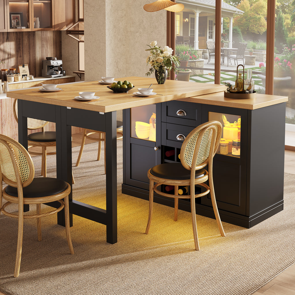 Extendable Sideboard with LED Lights, 120-197cm Adjustable Dining Table with Storage, 2 Drawers & Glass Cabinet doors, White/Black
