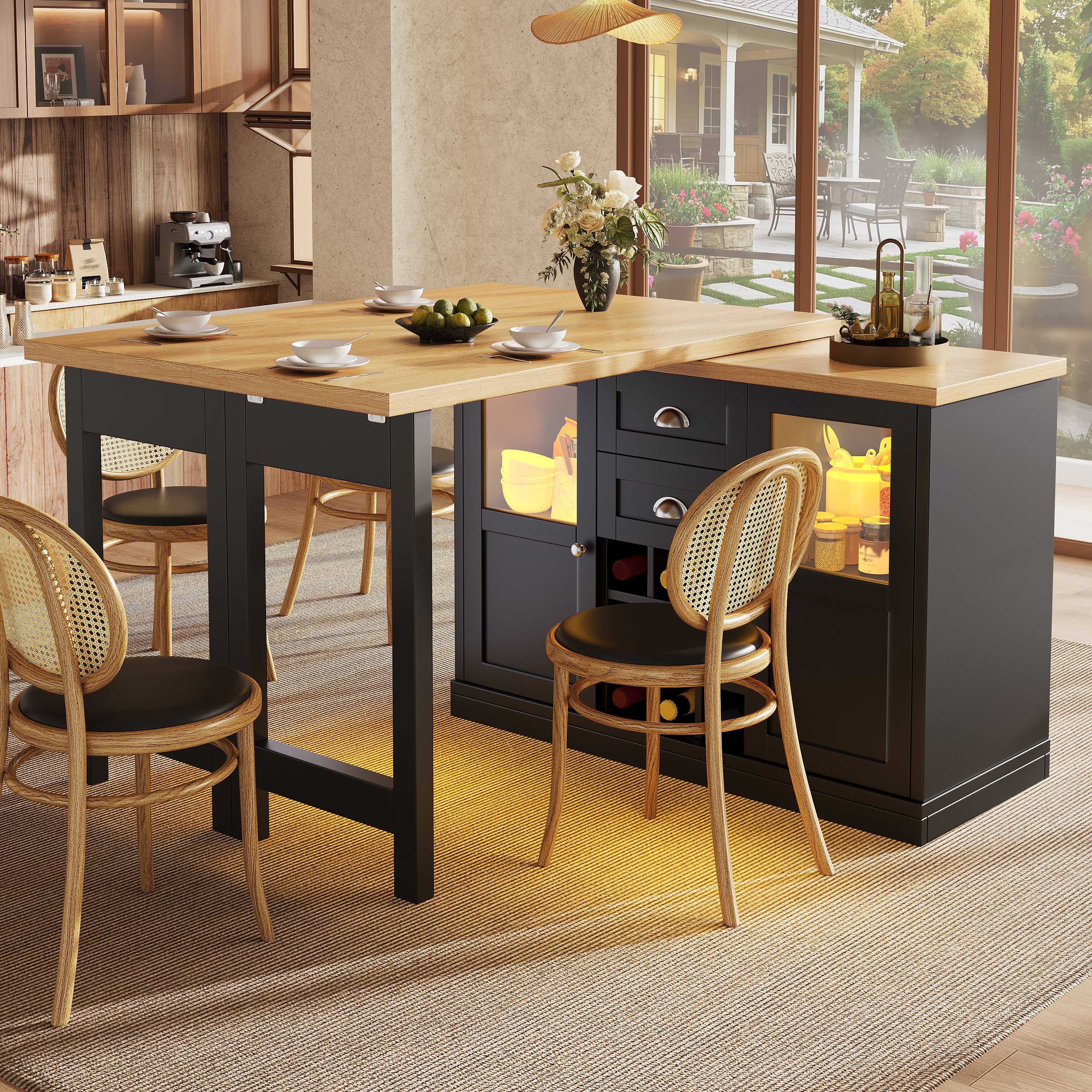 Extendable Sideboard with LED Lights, 120-197cm Adjustable Dining Table with Storage, 2 Drawers & Glass Cabinet doors, White/Black