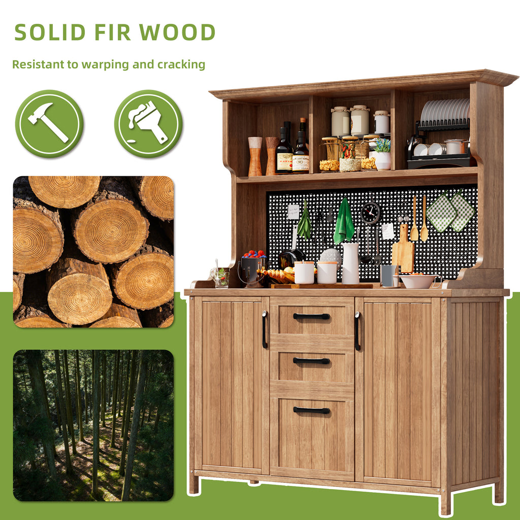 Wooden garden cabinet, garden tool cabinet made of solid fir wood – freestanding cabinet with 3 drawers, 3 compartments, metal pegboard and adjustable shelves