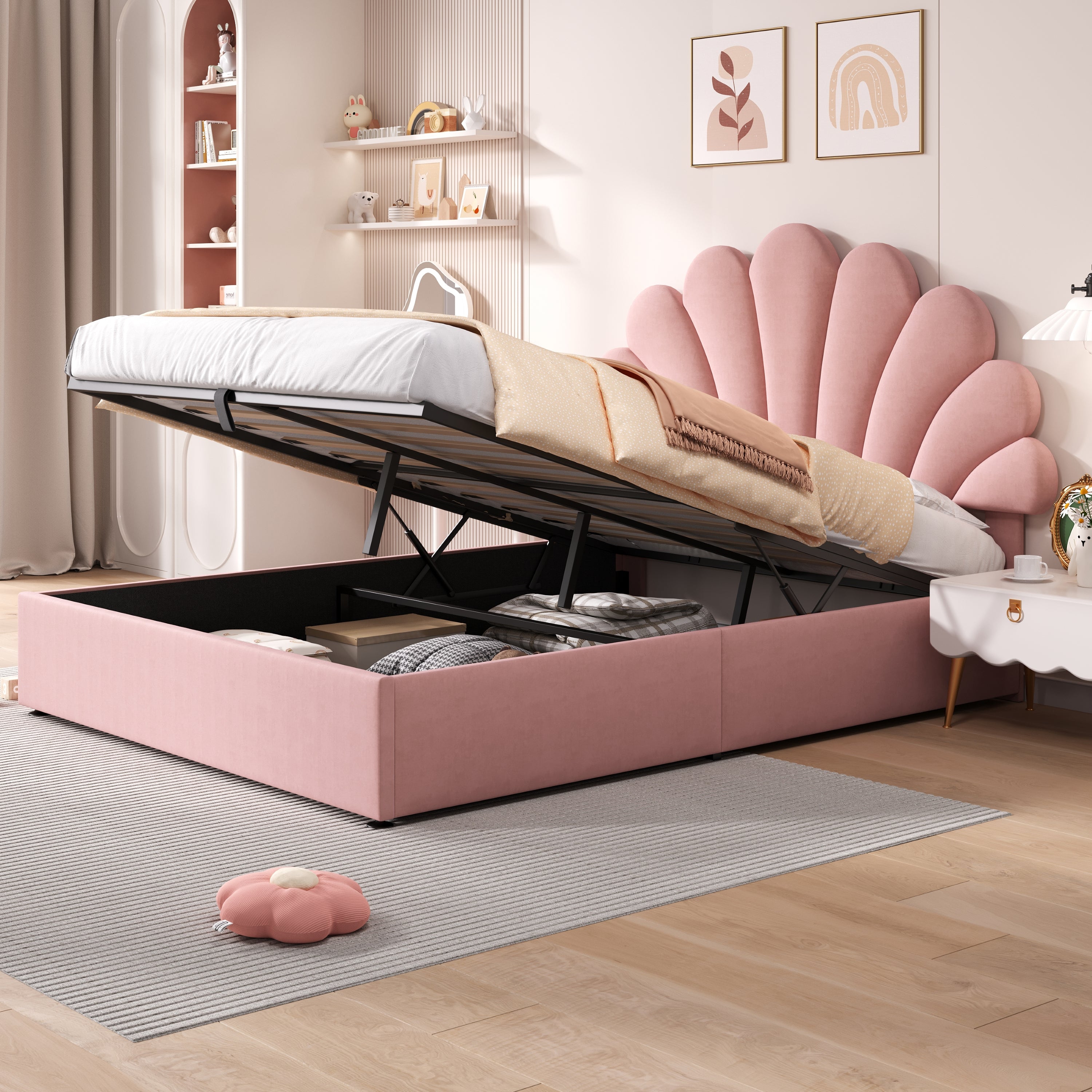 4ft6 Double Upholstered Hydraulic Bed with Adjustable Chic Petal Headboard, Soft Velvet Bed Frame with Hydraulic Storage, Petal Bed with Solid Wood Slat, No Box Spring Needed, Pink (No Mattress)