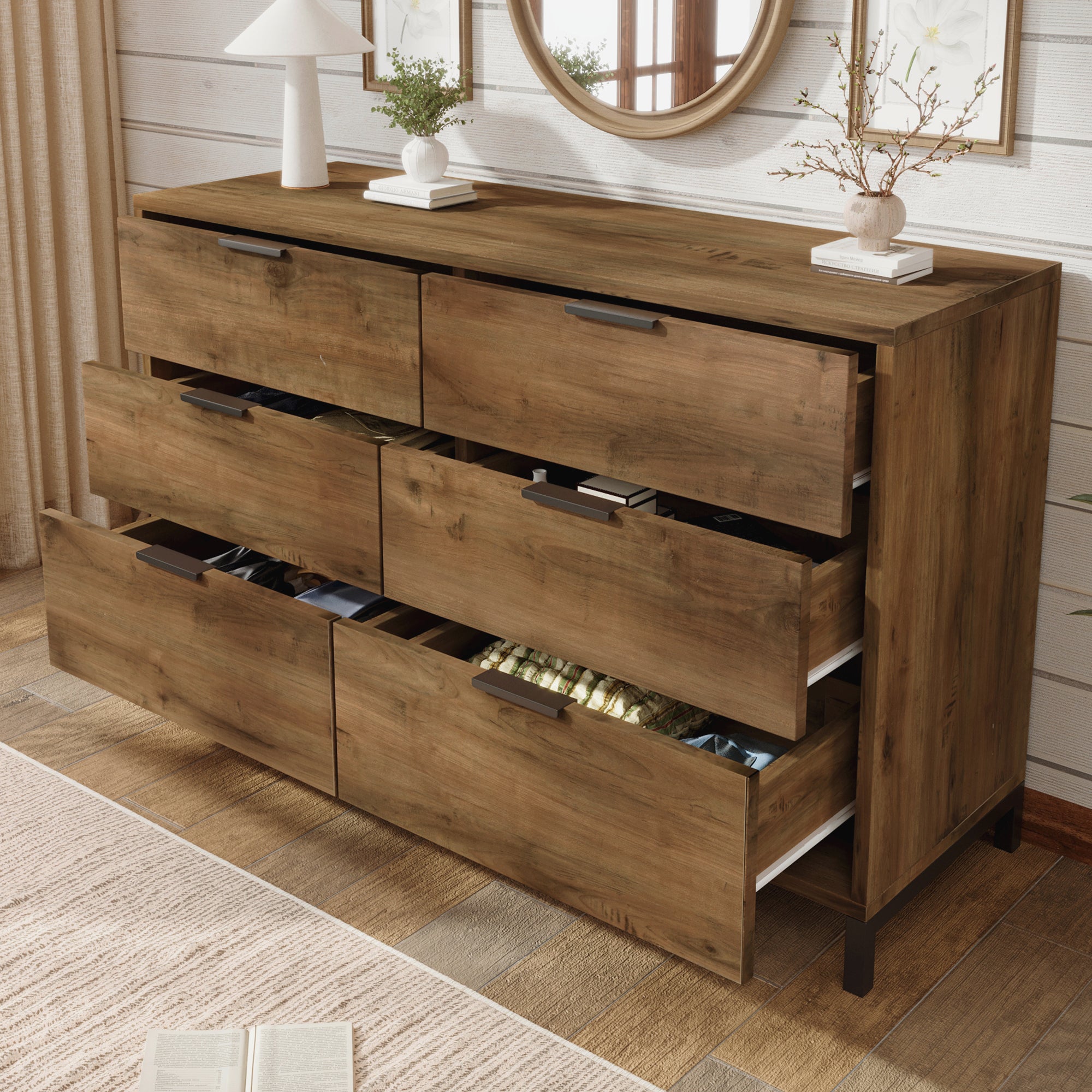  Sideboard Cabinet for Living Room, Chest of Drawers with 6 Drawers, Dark Oak, 120W x 40D x 76H cm