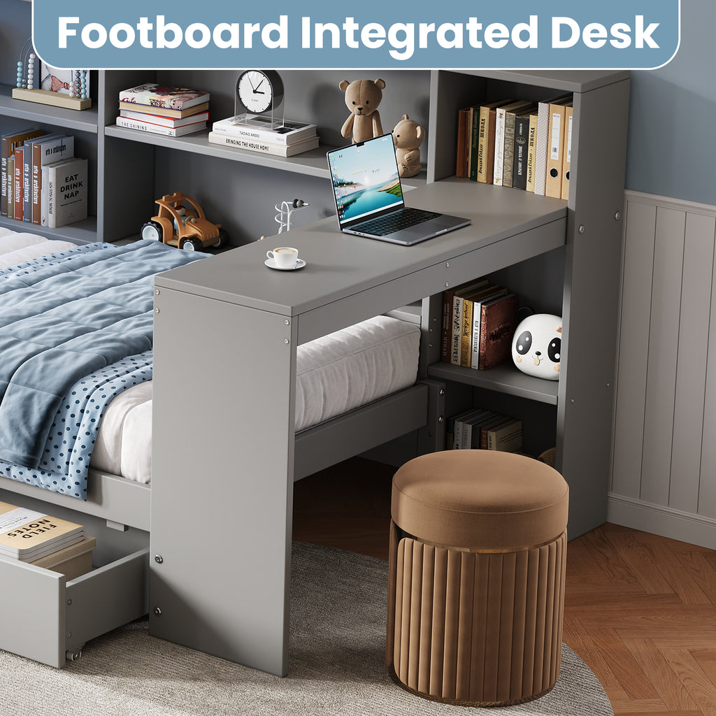 3ft Single L-Shape Daybed with Storage Drawers and Bookcase Storage, LED Linen Concealed Headboard Storage with Charging Station, Wood Bed for Living Room/ Bedroom/ Study Room, Grey (No Mattress)