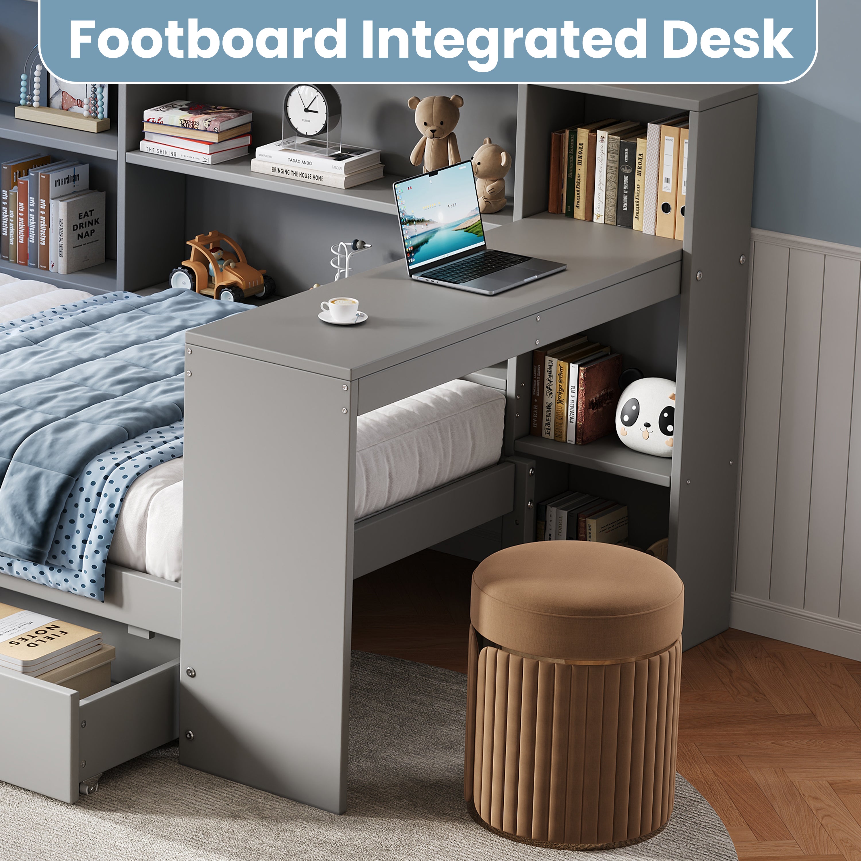 3ft Single L-Shape Daybed with Storage Drawers and Bookcase Storage, LED Linen Concealed Headboard Storage with Charging Station, Wood Bed for Living Room/ Bedroom/ Study Room, Grey (No Mattress)