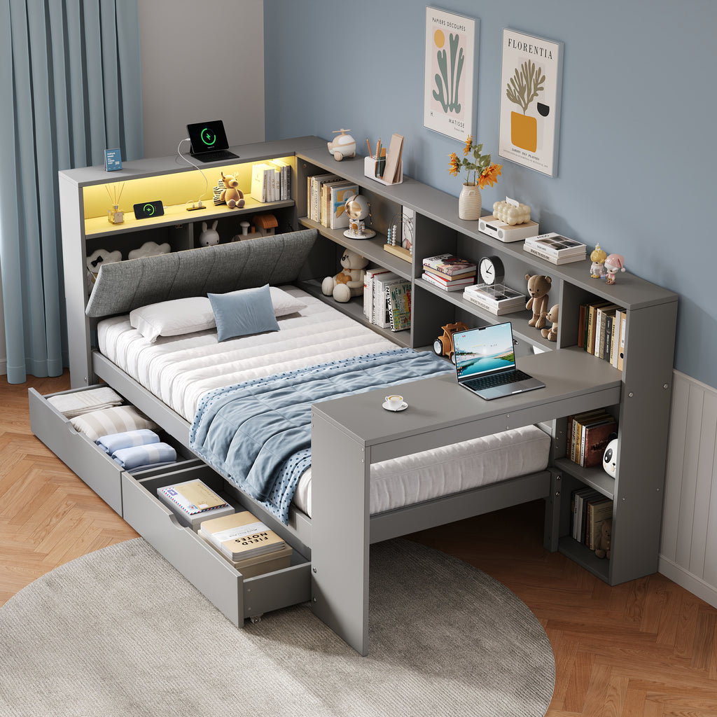 3ft Single L-Shape Daybed with Storage Drawers and Bookcase Storage, LED Linen Concealed Headboard Storage with Charging Station, Wood Bed for Living Room/ Bedroom/ Study Room, Grey (No Mattress)