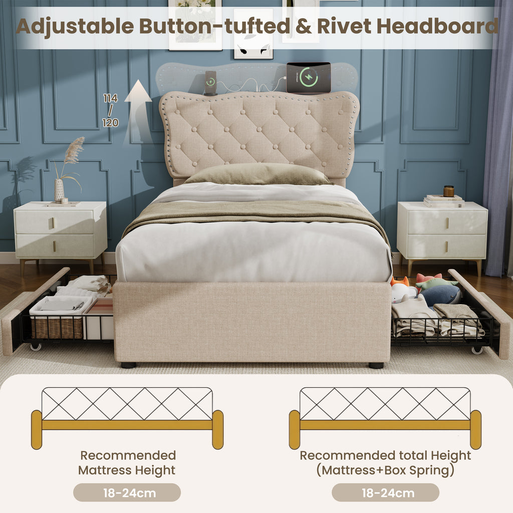 3ft Single Upholstered Bed with Rivet Design and Charging Station, Two Storage Drawers, Adjustable Button Tufted Headboard with USB & Type-C Ports, No Box Spring Needed, Linen, Beige  (No Mattress)