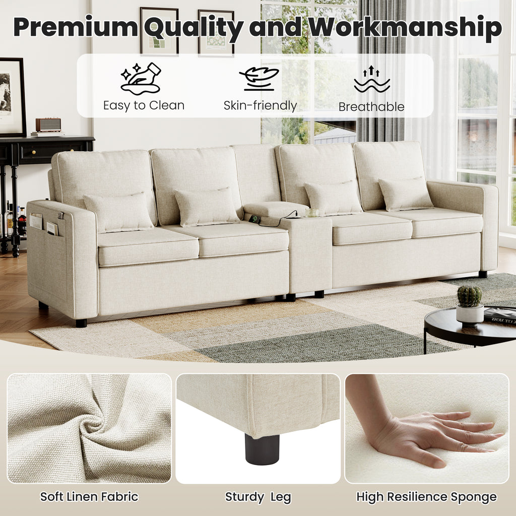 4-Seater Modern Sofa with Storage Console, Minimalist Style Couch with Side Pockets, Cup Holders and Charging Ports (USB & Type-C), for Living Room, Apartment, Office,Beige, Linen Fabric