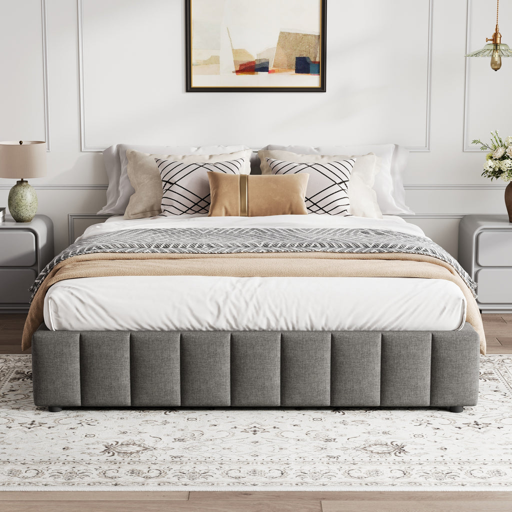4ft6 Double Upholstered Storage Bed Frame, No Headboard  Linen Bed Frame with Hydraulic Storage, Channel Tufted  Ottoman Bed, Metal-Wood Support, No Box Spring Needed, Easy Assembly,Grey (No Mattress)