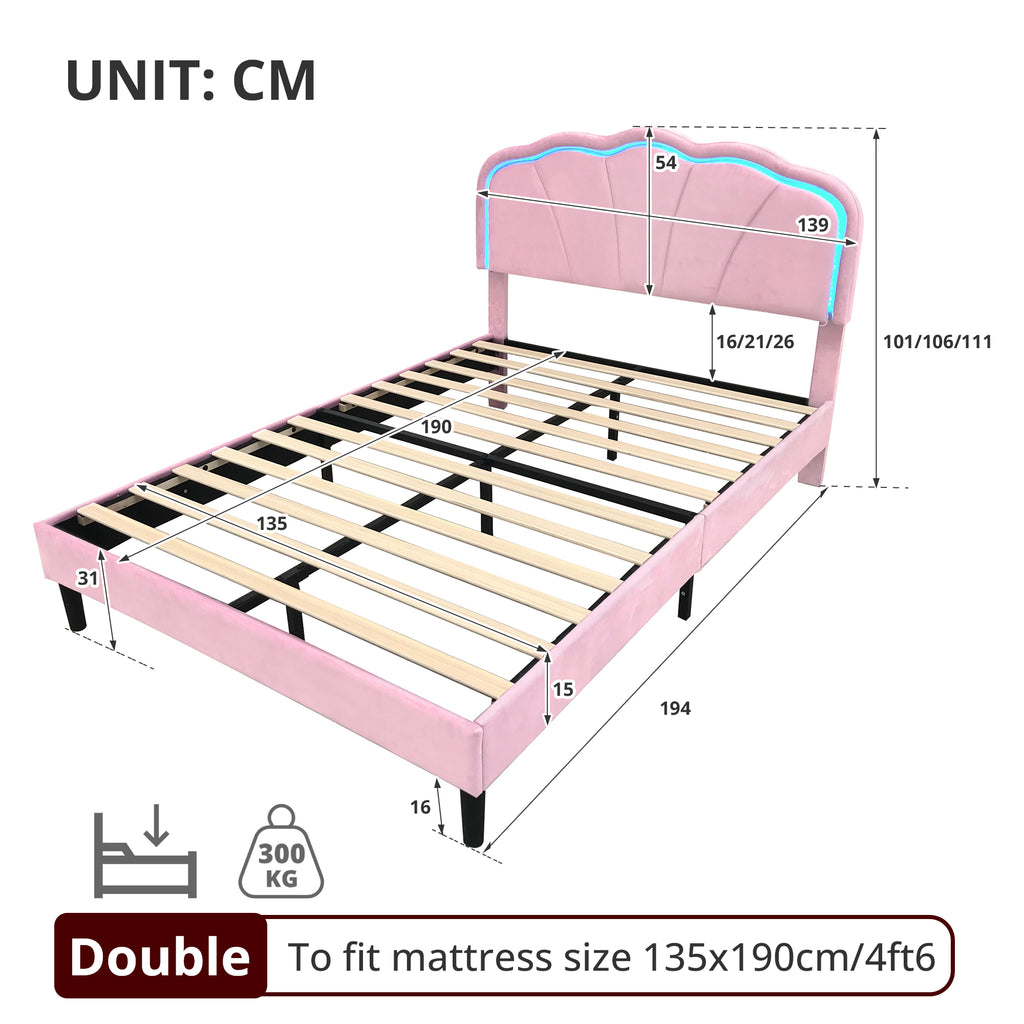 4ft6 Double Upholstered Bed with LED Adjustable Shell Shape Headboard, Soft Velvet Bed Frame with Solid Wood Slat, No Box Spring Needed, Easy Assembly, Pink (No Mattress)