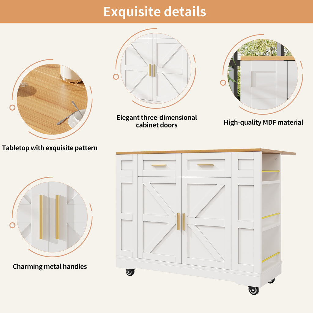 Kitchen Island on Wheels, Rolling Island Cart with 2 Drawers and Double-Sided Storage Racks, Storage Cabinet with Foldable Worktop, Mobile Carts, Portable Trolley for Home and Kitchen, White