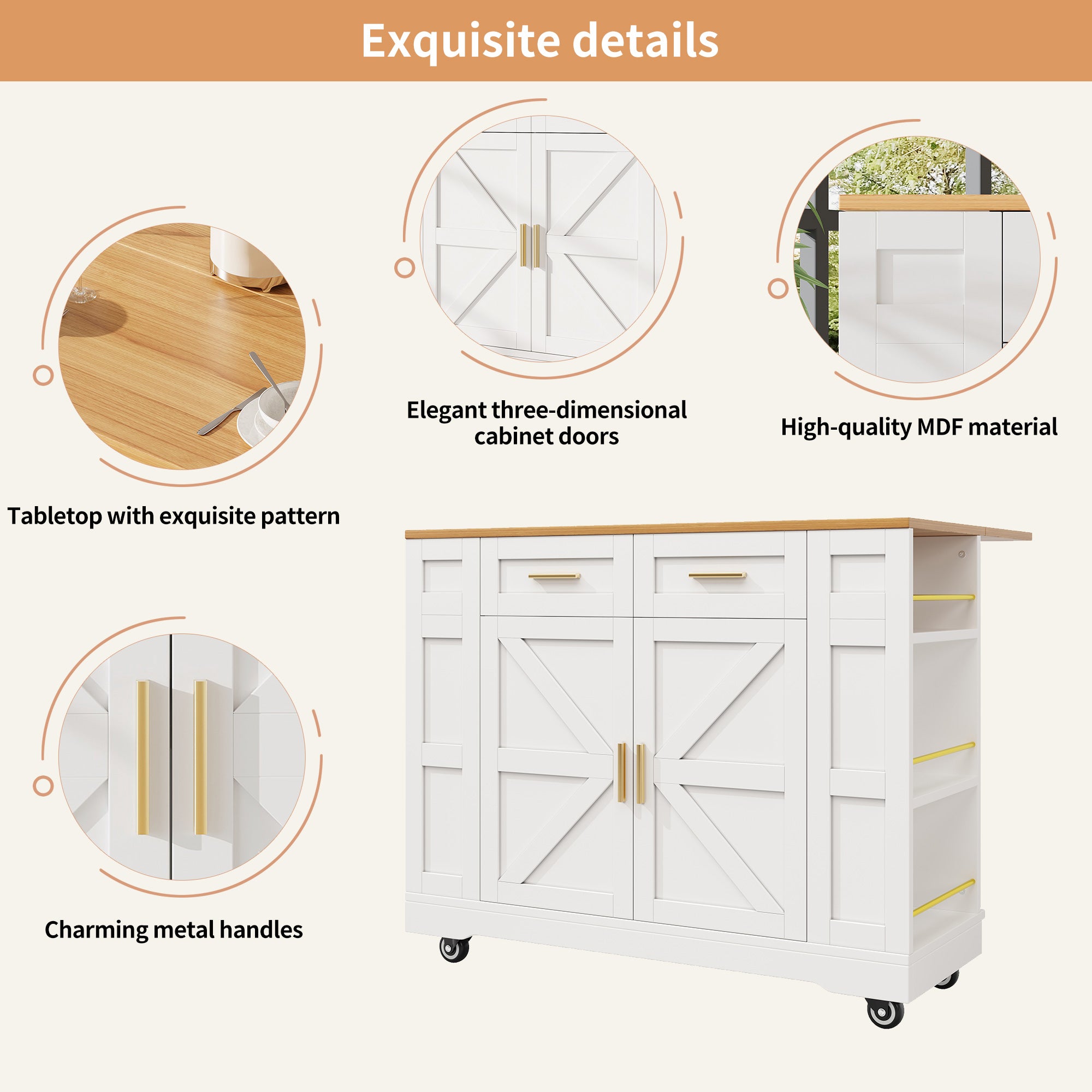 Kitchen Island on Wheels, Rolling Island Cart with 2 Drawers and Double-Sided Storage Racks, Storage Cabinet with Foldable Worktop, Mobile Carts, Portable Trolley for Home and Kitchen, White