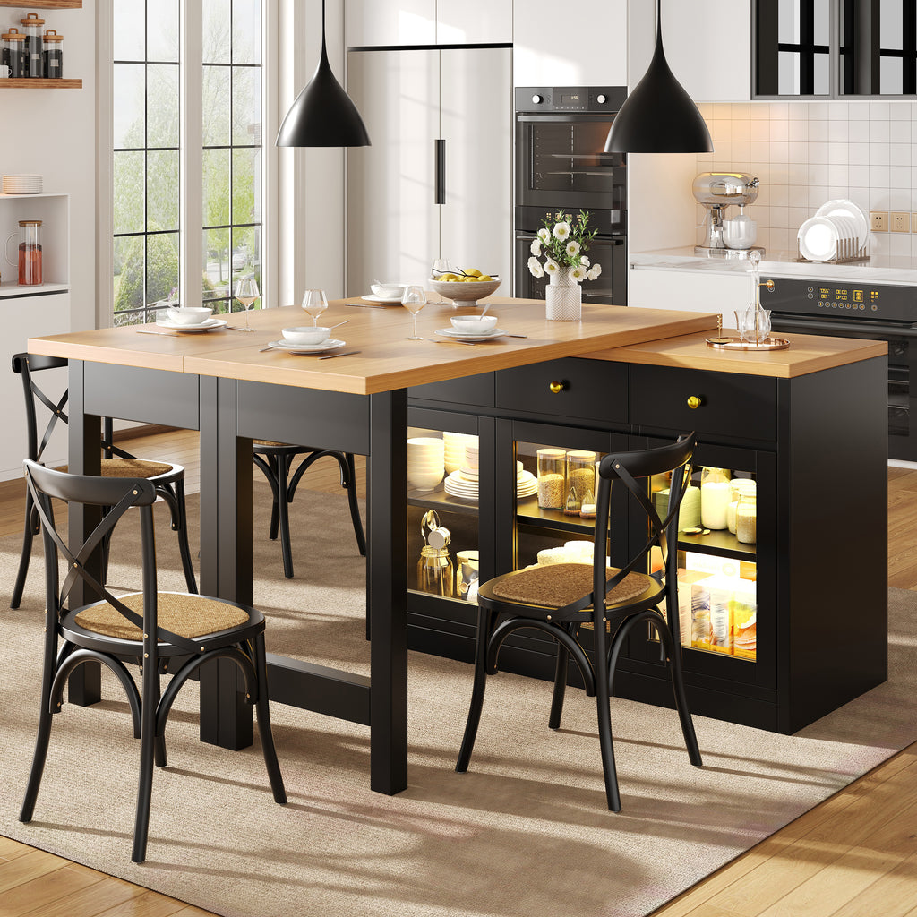 Extendable Kitchen Island with LED Lights, 120-200cm Adjustable Dining Table with Storage, 3 Drawers & Glass Cabinets, White/Black