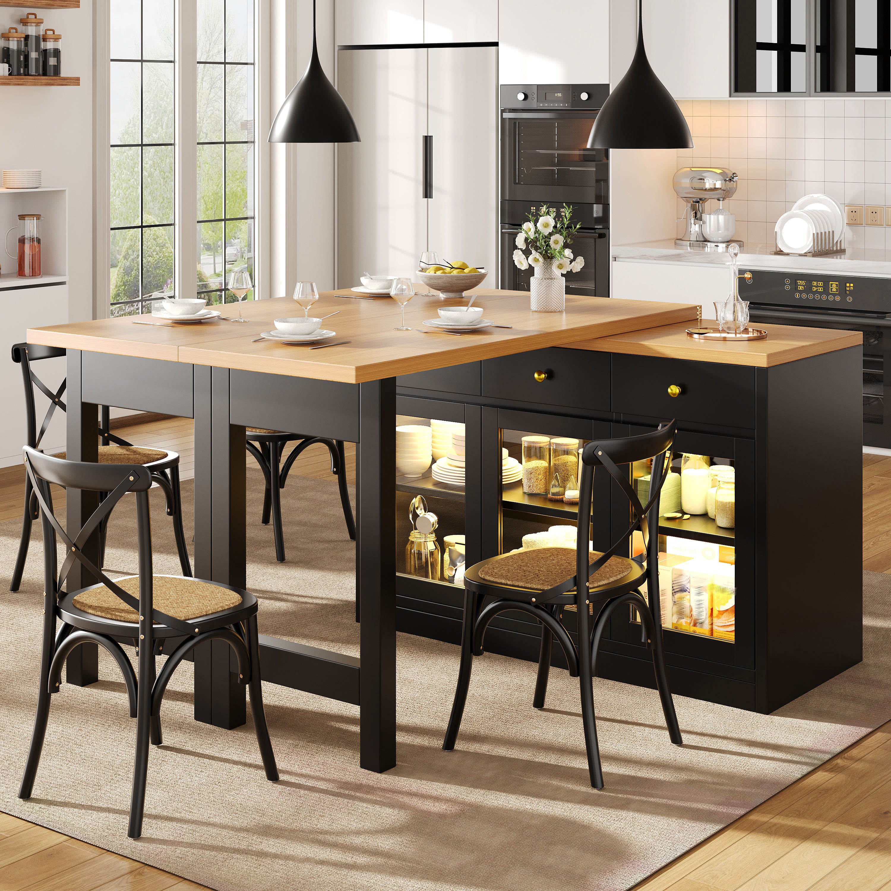Extendable Kitchen Island with LED Lights, 120-200cm Adjustable Dining Table with Storage, 3 Drawers & Glass Cabinets, White/Black