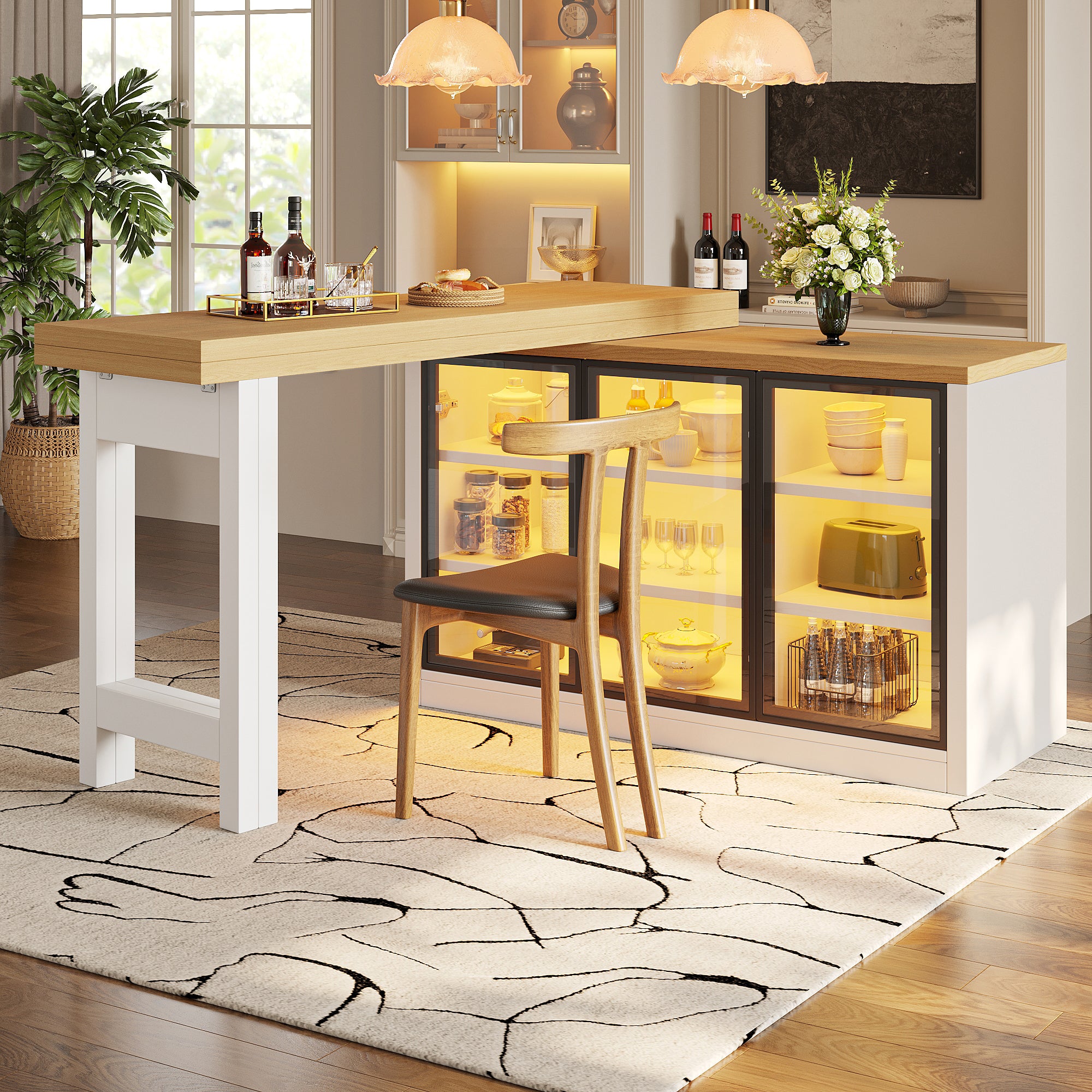 Extendable Sideboard & Dining Table Combo with LED Lights, Push-to-Open Glass Display Cabinet, Space Saving Sideboard for Small Flat, White