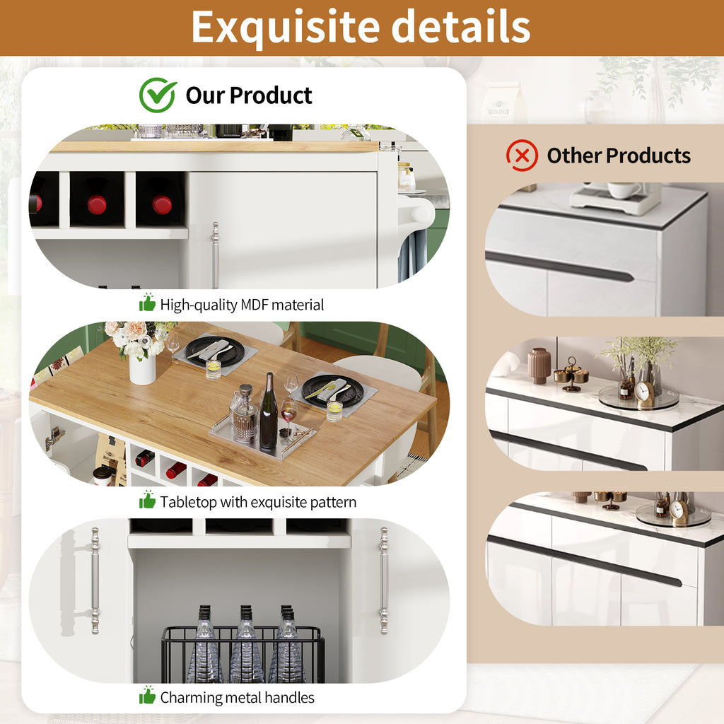 Kitchen cart, buffet cabinet, kitchen trolley with folding worktop, Kitchen island with towel rack and spice rack, wine rack and adjustable shelves, white