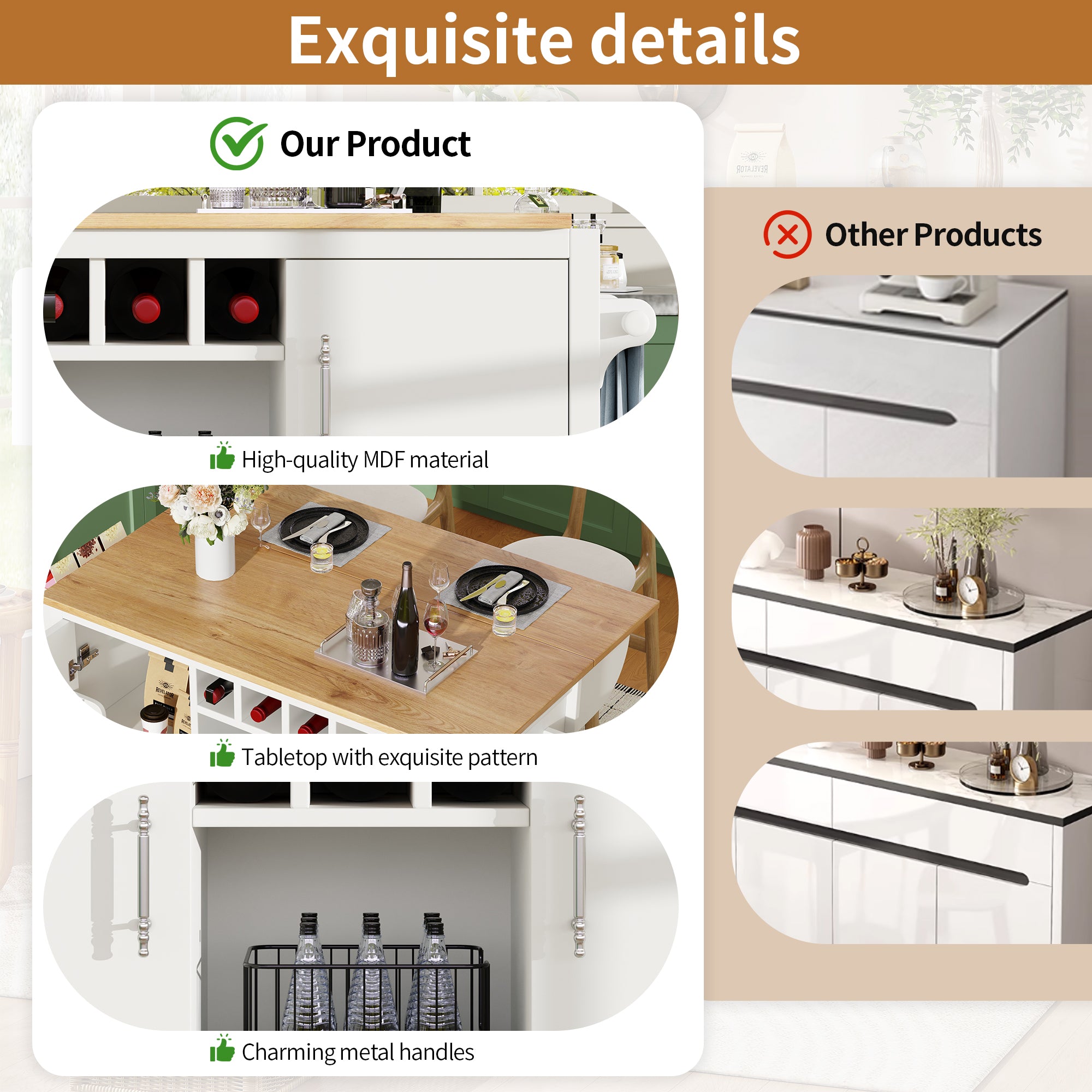 Kitchen cart, buffet cabinet, kitchen trolley with folding worktop, Kitchen island with towel rack and spice rack, wine rack and adjustable shelves, white