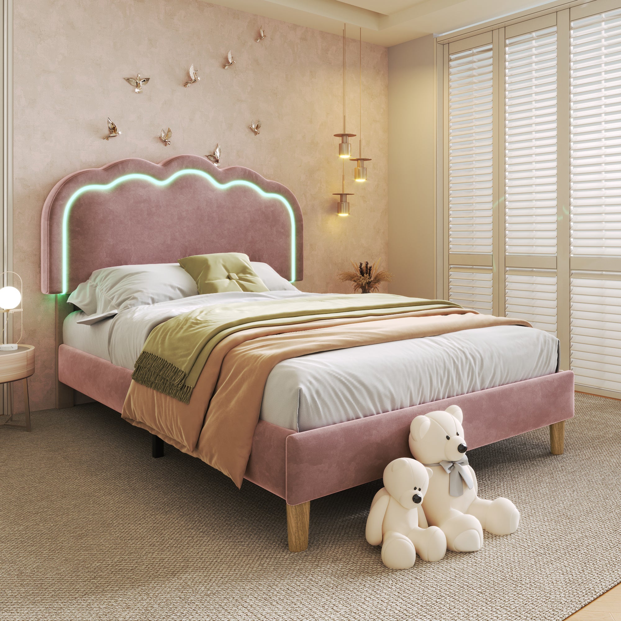 Upholstered Bed, 3ft 90x190cm Single Bed with LED, Bed Frame with Wooden Slats and Adjustable Height Headboard, Teen Bed for Bedroom and Guest Room, Pink, Velvet Material, Without Mattress.