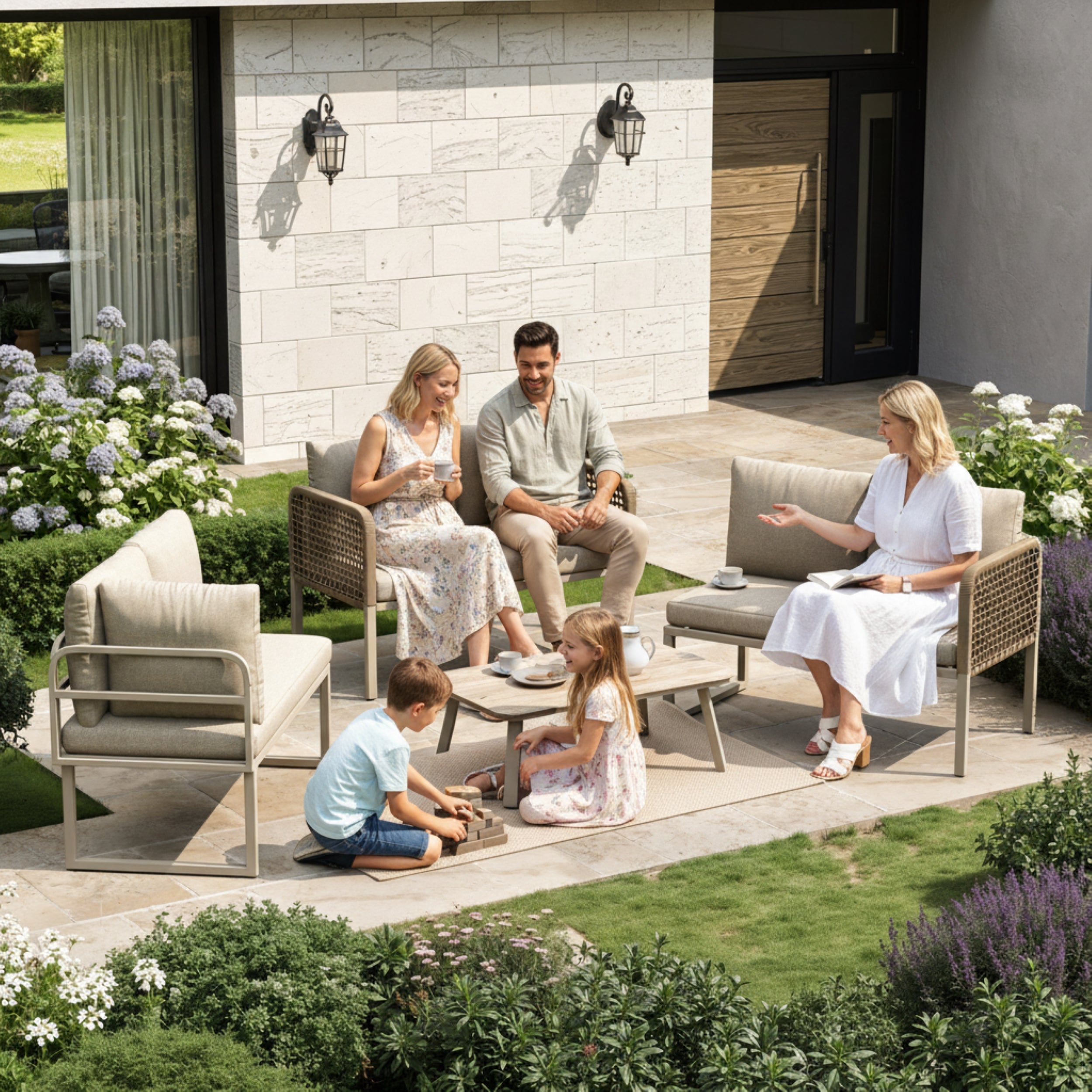 5-6 Seater Garden Furniture Set with Wood-look Tempered Glass Coffee Table, L-Shaped Corner Sofa with Polyester Rope, Weatherproof Outdoor Patio Dining Lounge Set for Balcony and Terrace, Linen, Beige