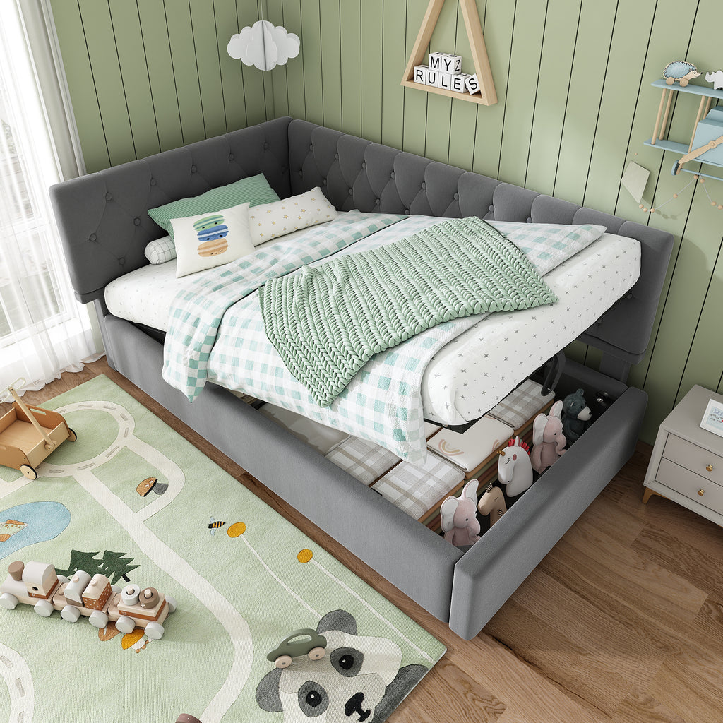 Daybed Upholstered Bed with Storage, 3FT Single Sofa Bed 90 x 190 cm, Ottoman Bed with Hydraulic Storage, Metal Slatted Bed Frame, Velvet, Grey (No Mattress)