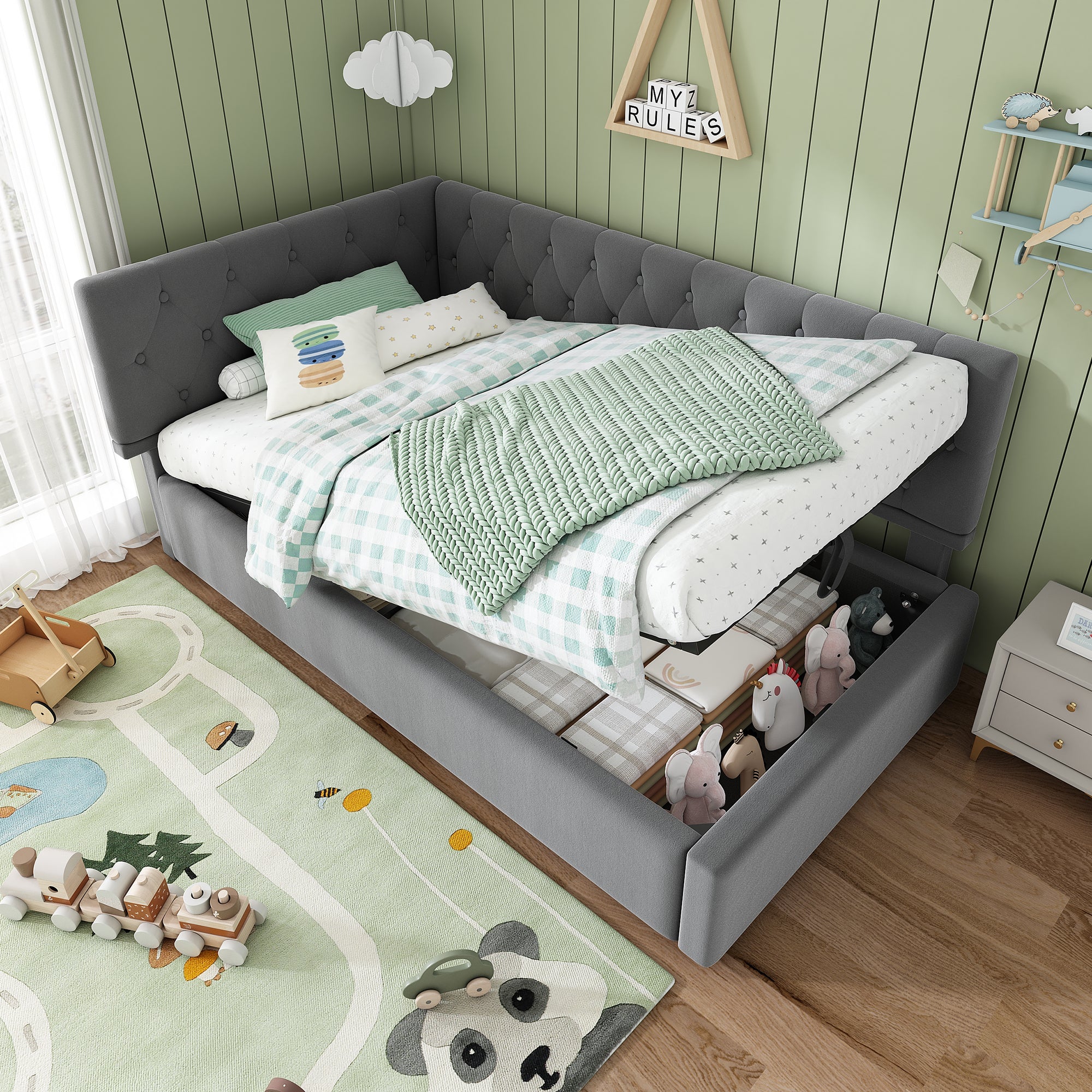 Daybed Upholstered Bed with Storage, 3FT Single Sofa Bed 90 x 190 cm, Ottoman Bed with Hydraulic Storage, Metal Slatted Bed Frame, Velvet, Grey (No Mattress)