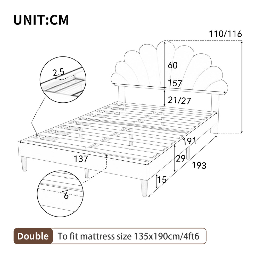 4ft6 Double Upholstered Velvet Bed Frame, with Adjustable Chic Petal Headboard, Velvet Platform Bed Frame with Solid Wood Slat, No Box Spring Needed, Easy Assembly, Pink