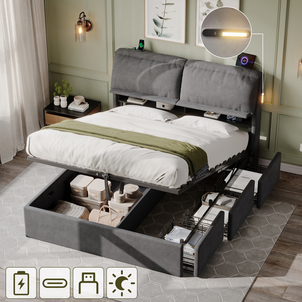 5ft King Bed with Hydraulic Storage, Velvet Upholstered Bed with Headboard Flip-top Storage and Drawers, Back Cushion Headboard with Charging Station and LED Night Light, Grey (No Mattress)