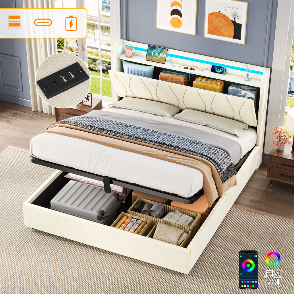 4ft6 Double Upholstered Bed Frame with Hydraulic Storage, LED Headboard with Charging Station and Concealed Headboard Storage, USB and Type - C Ports, Linen, No Box Spring Needed, Beige (No Mattress)