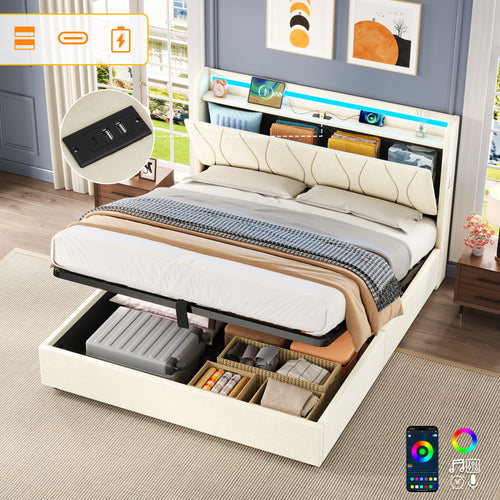 4ft6 Double Upholstered Bed Frame with Hydraulic Storage, LED Headboard with Charging Station and Concealed Headboard Storage, USB and Type - C Ports, Linen, No Box Spring Needed, Beige (No Mattress)
