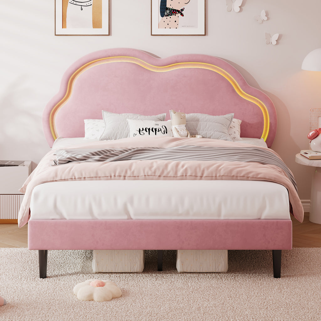 4ft6 Double Upholstered Bed with LED Adjustable Cute Cloud Headboard, Soft Velvet Bed Frame with Solid Wood Slat, No Box Spring Needed, Easy Assembly, Pink (No Mattress)