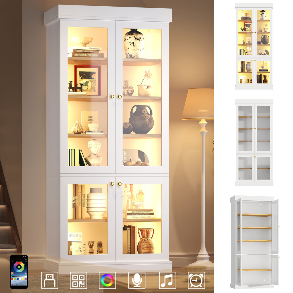 Modern freestanding cabinet with integrated LED mood lighting, glass display case, well-designed interior layout and anti-tip protection; stable, safe and versatile for the home; white.